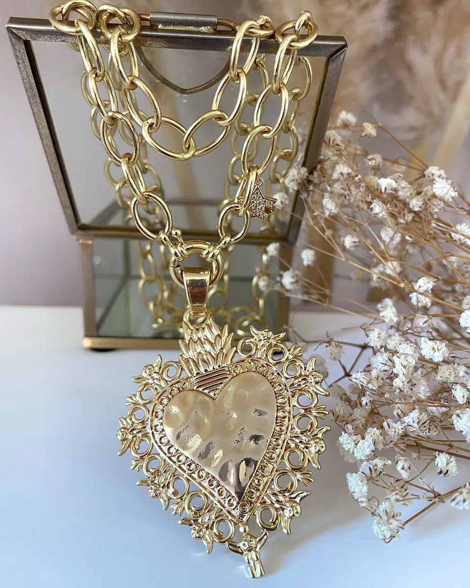 Collar XL Maxi Corazon Barroco Punto luz Gold 4