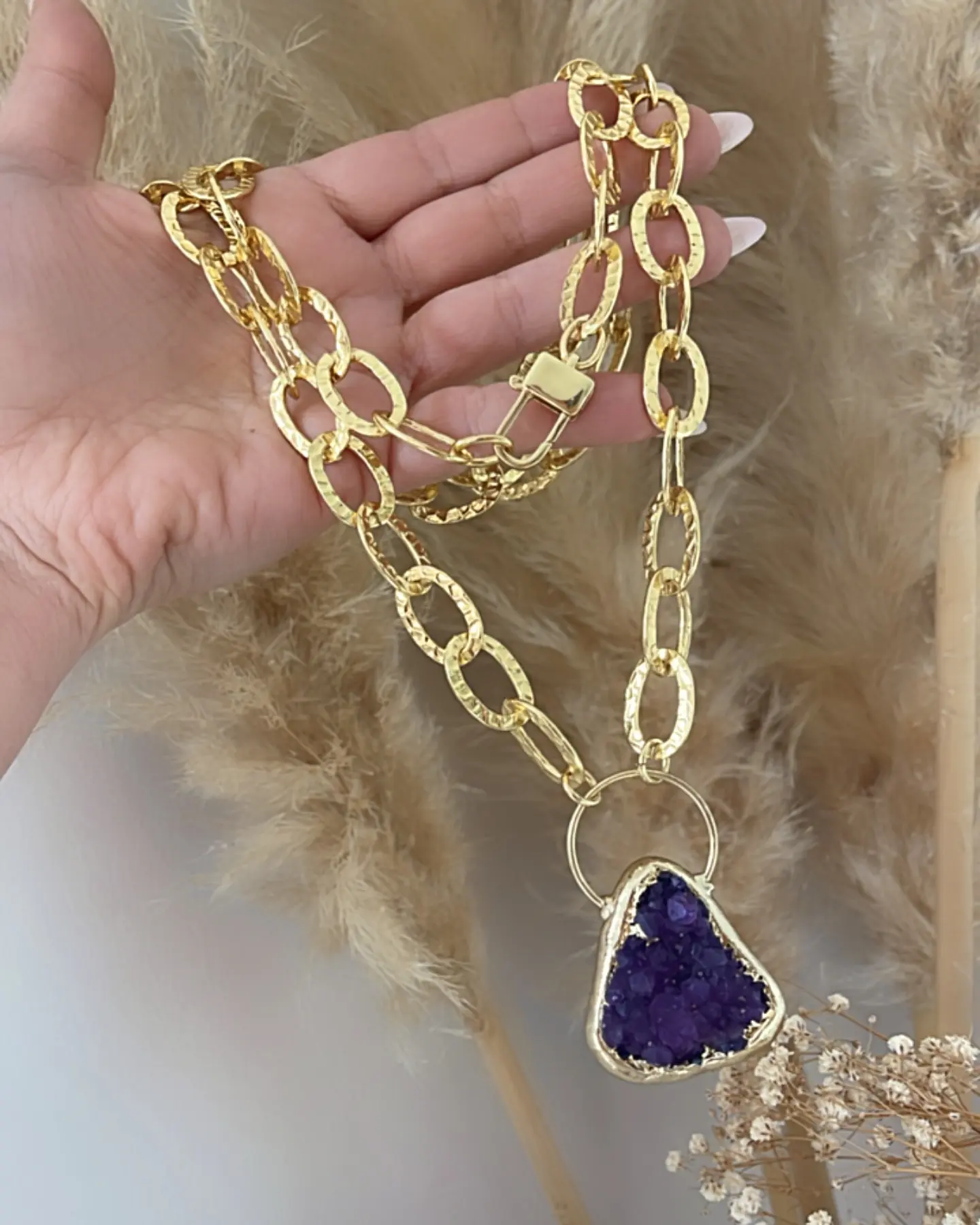 Collar XL Amatista Drusa Maxi eslabones martillados gold 3