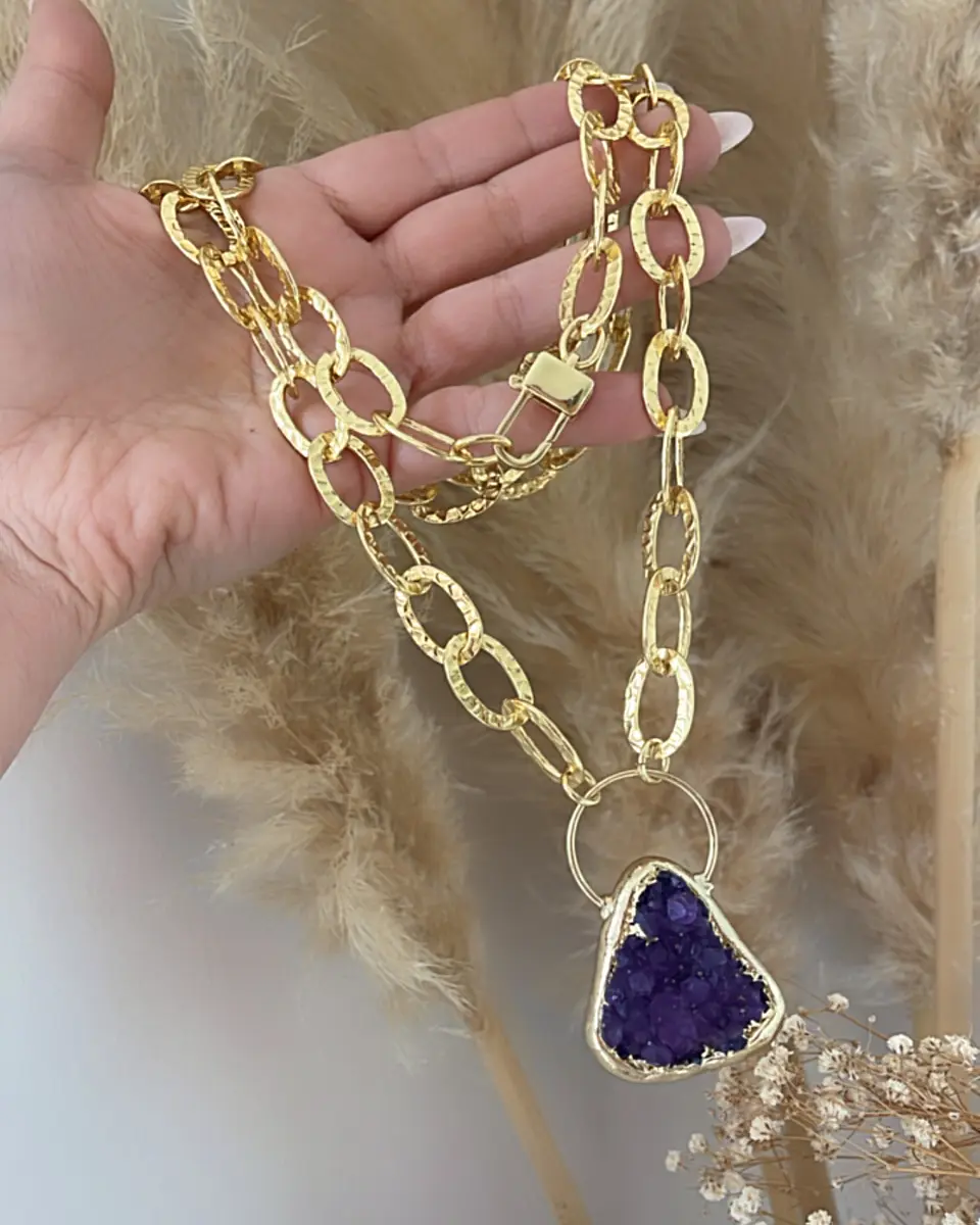 Collar XL Amatista Drusa Maxi eslabones martillados gold 3