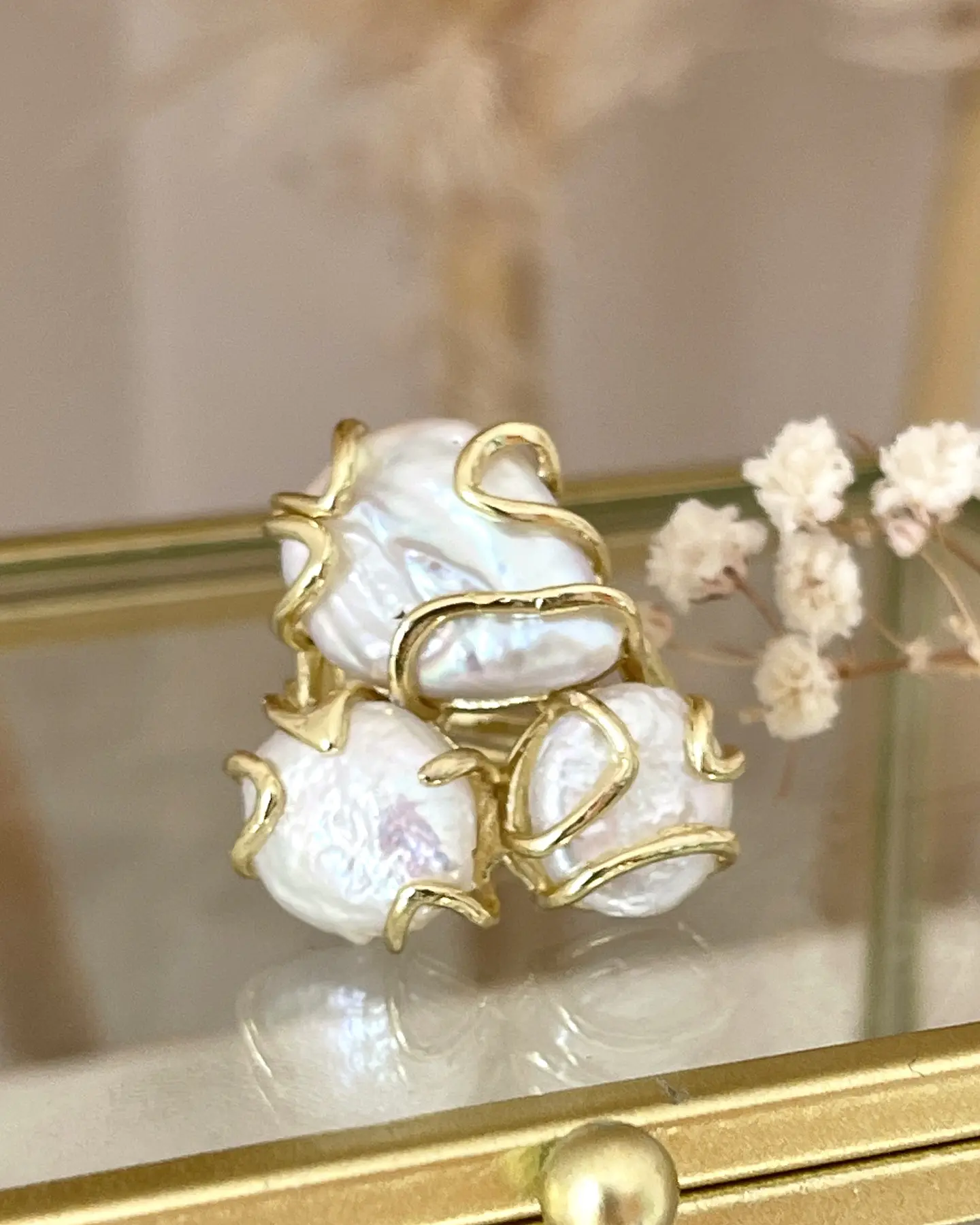  Anillo Trío de Maxi Perlas de Agua dulce gold 1