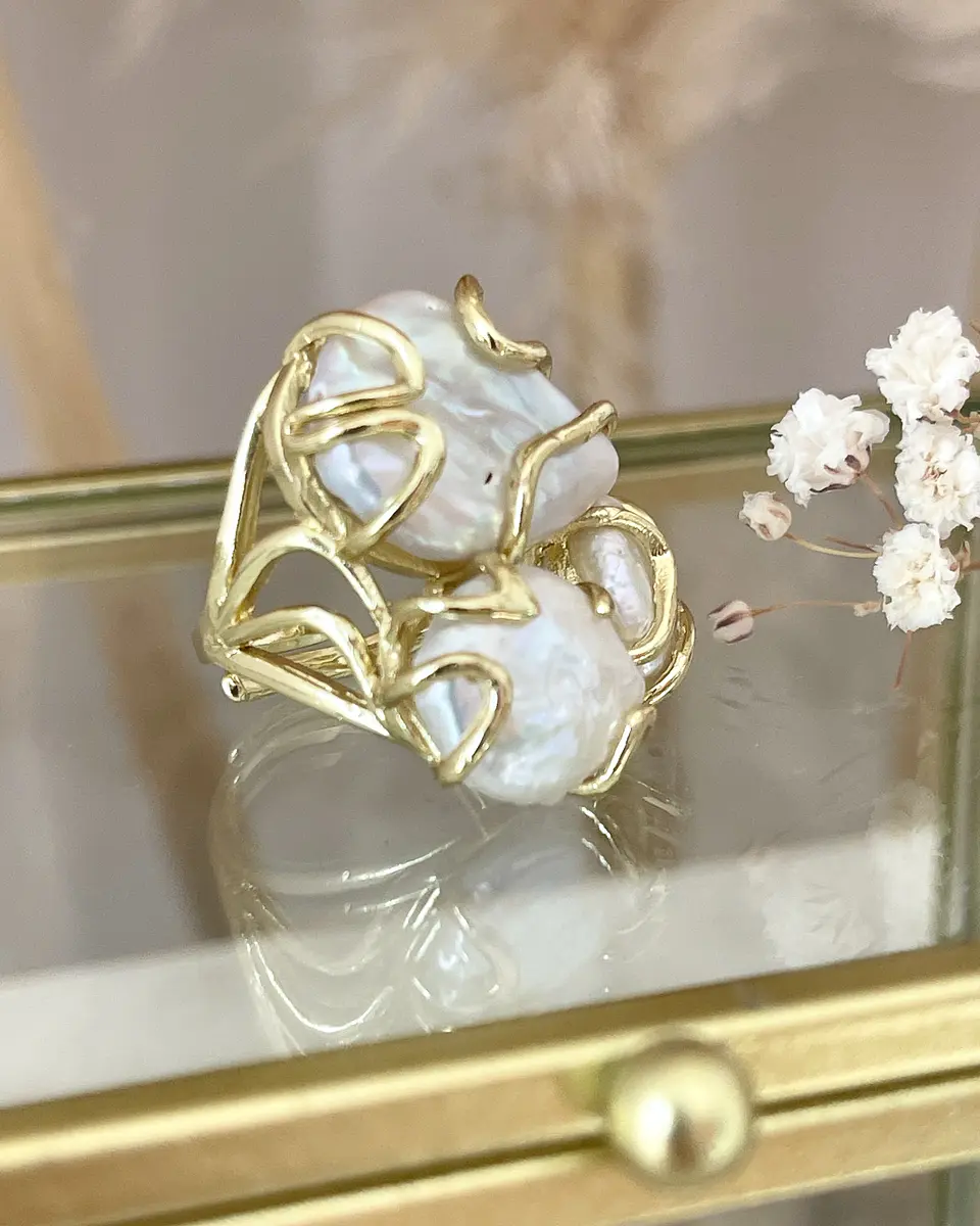  Anillo Trío de Maxi Perlas de Agua dulce gold 2