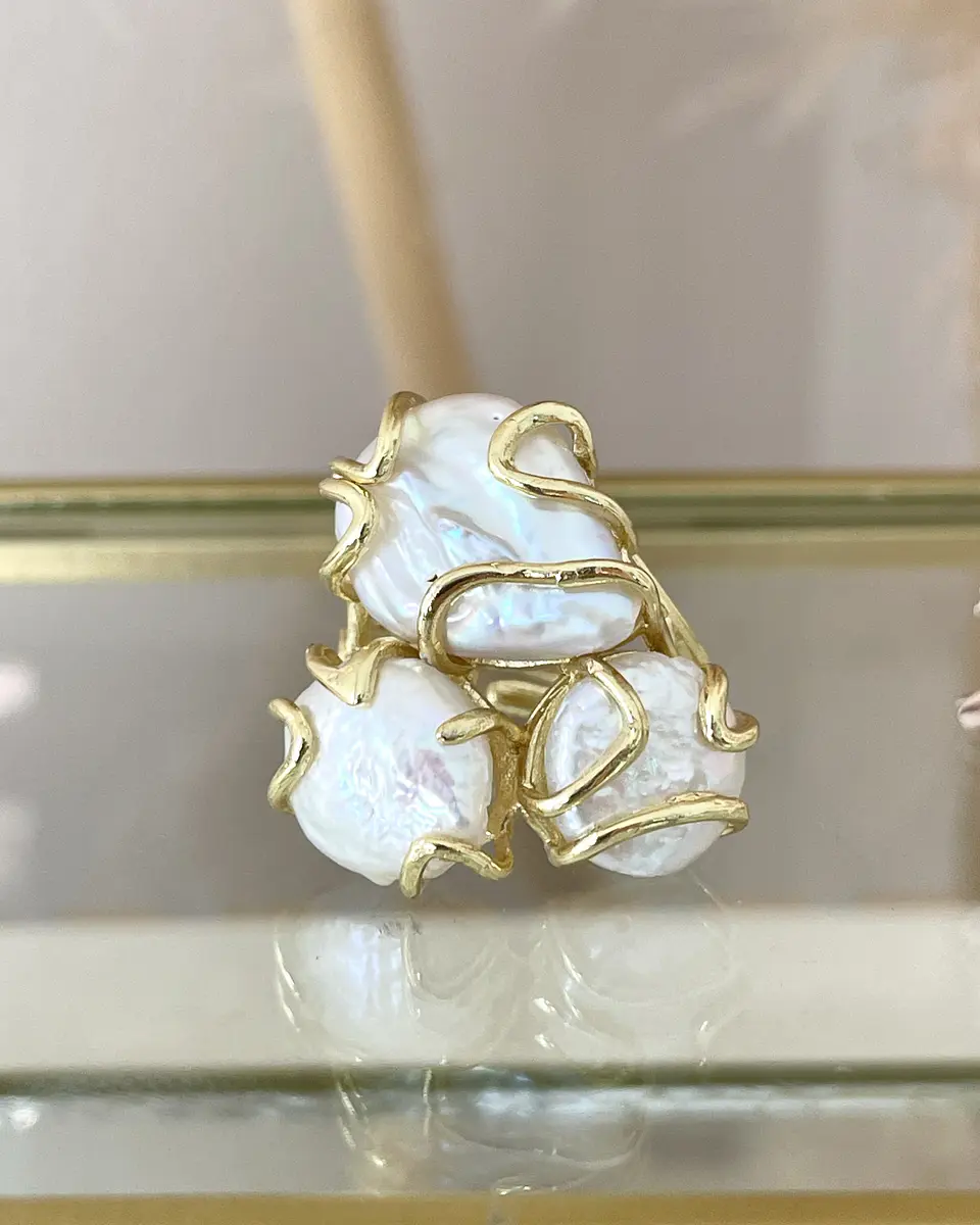  Anillo Trío de Maxi Perlas de Agua dulce gold 4