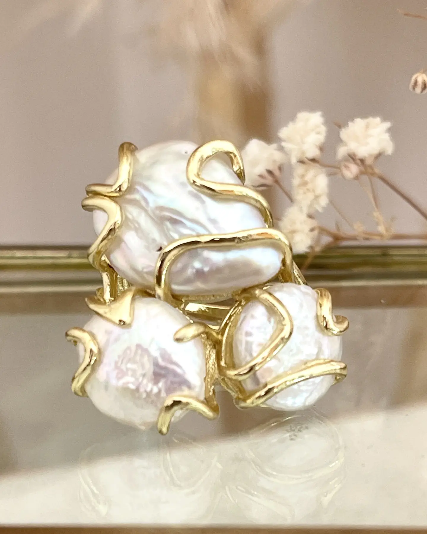  Anillo Trío de Maxi Perlas de Agua dulce gold 5