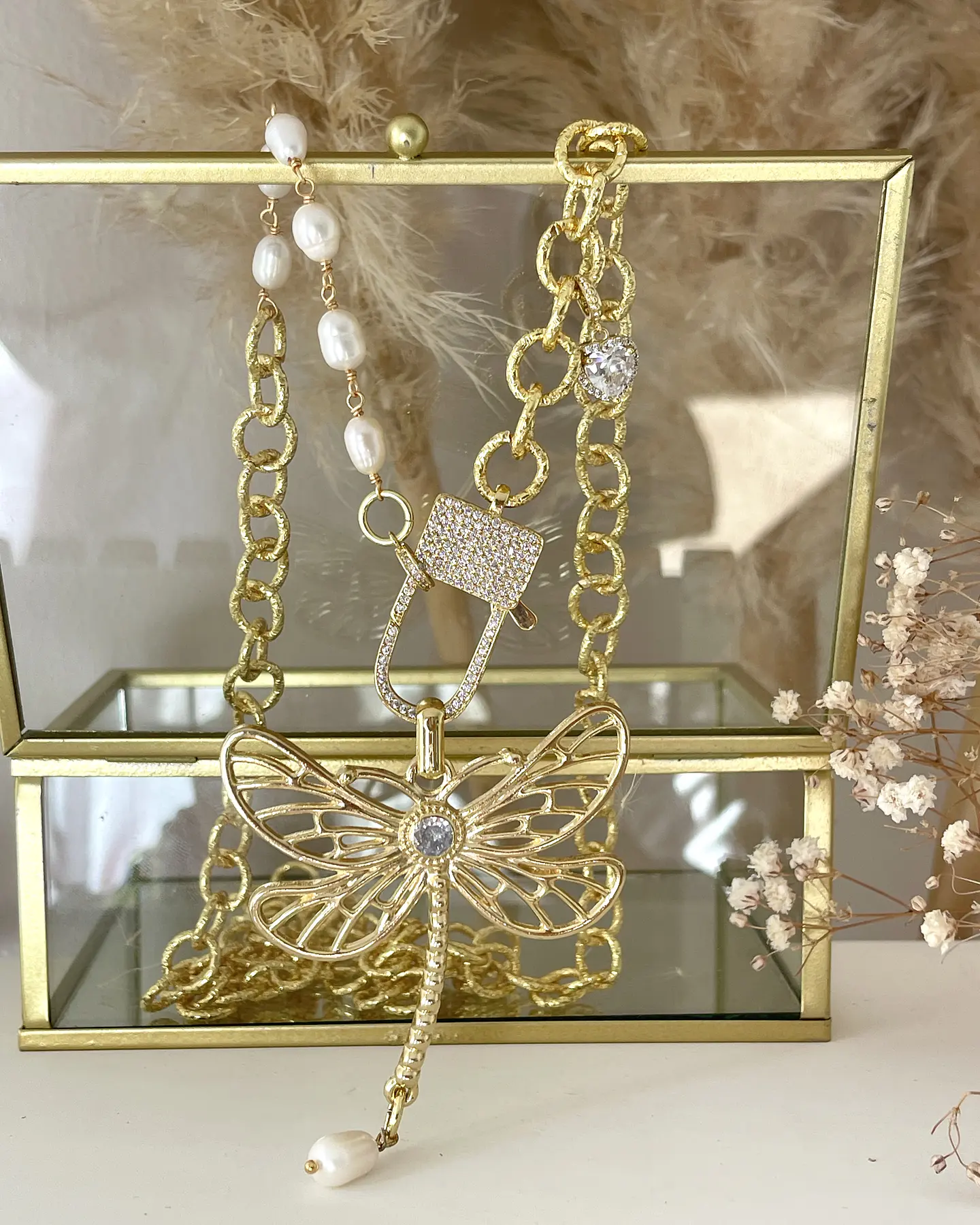 Collar XL Libélula eslabones mixtos perlas y gold 2