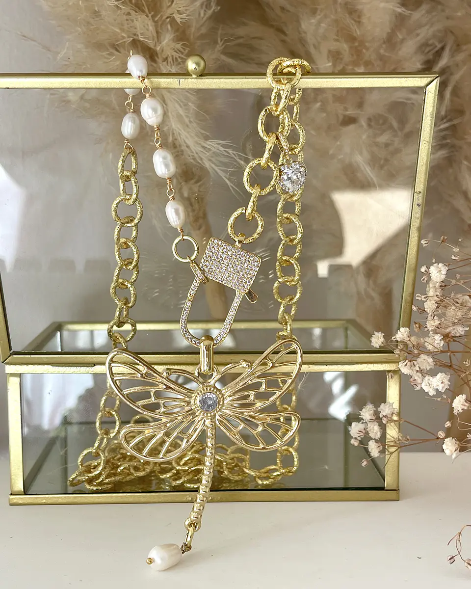 Collar XL Libélula eslabones mixtos perlas y gold 2