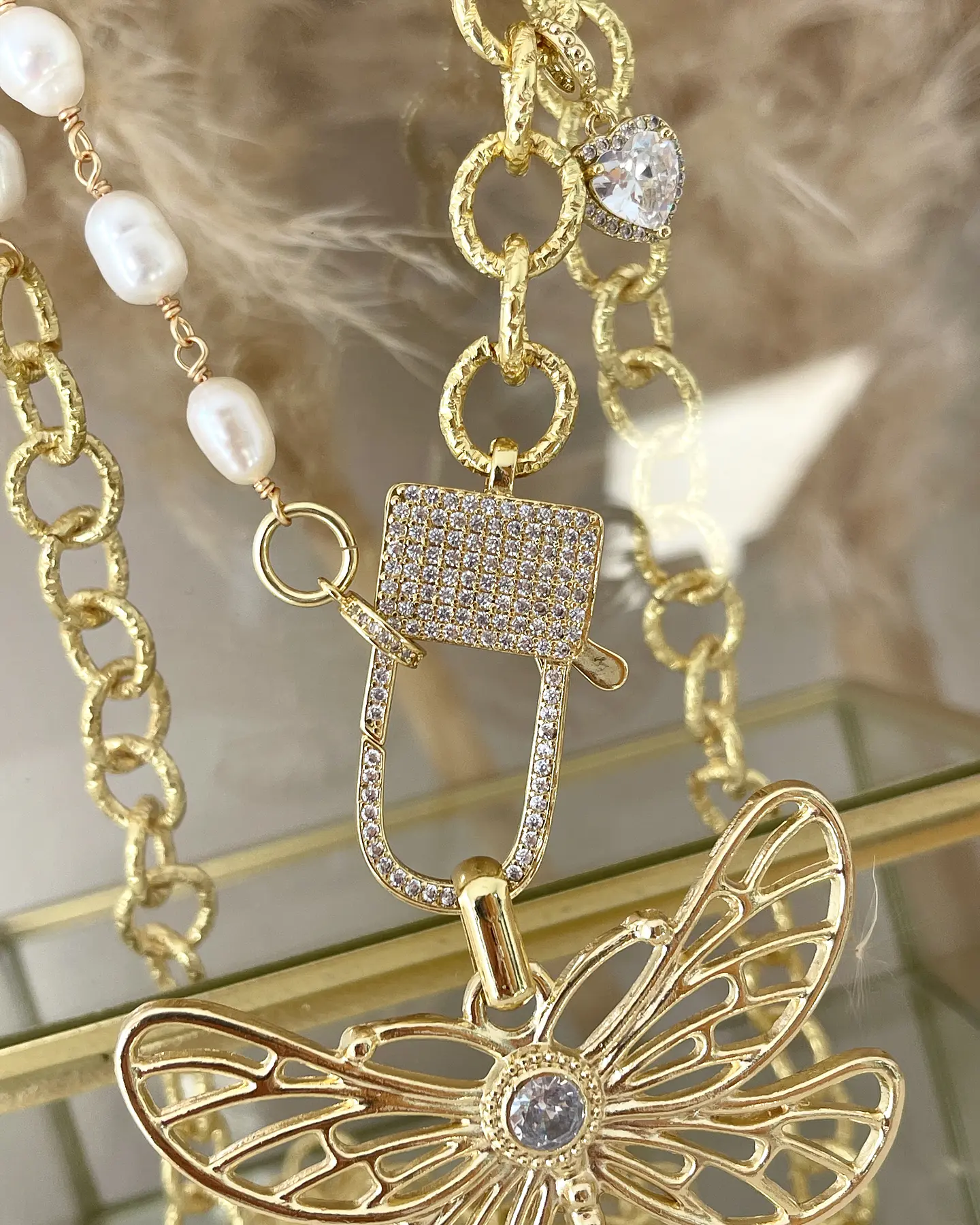 Collar XL Libélula eslabones mixtos perlas y gold 4