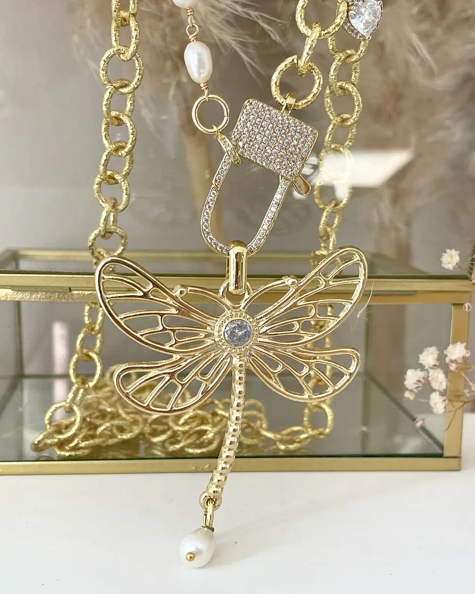 Collar XL Libélula eslabones mixtos perlas y gold 5