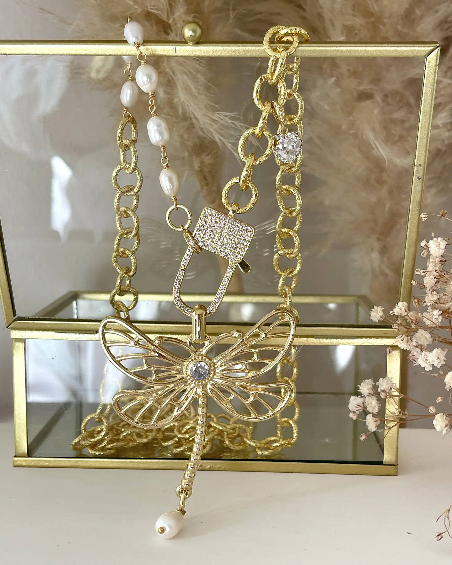 Collar XL Libélula eslabones mixtos perlas y gold 8