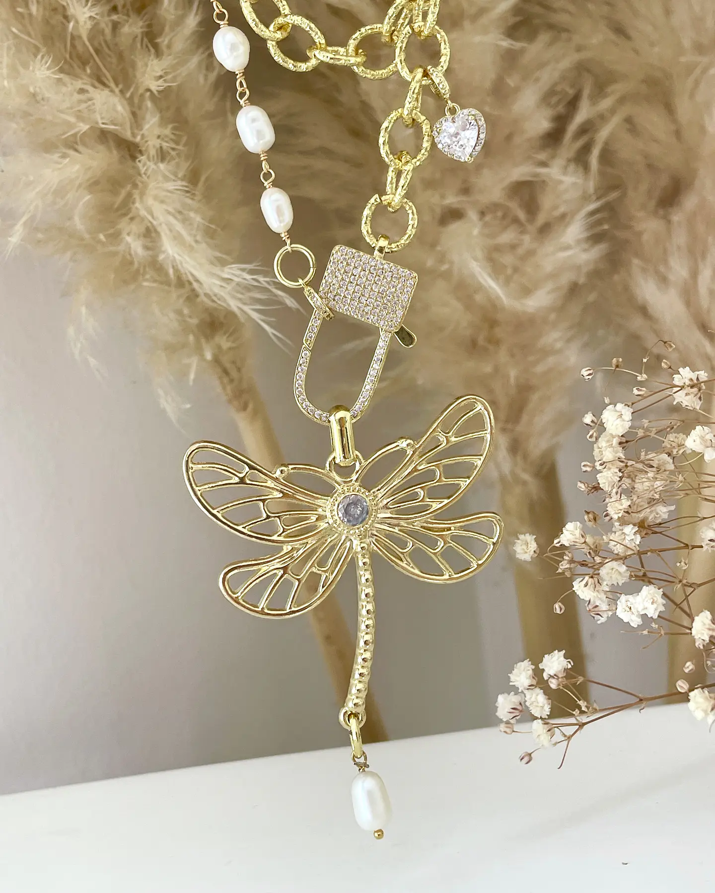 Collar XL Libélula eslabones mixtos perlas y gold 9