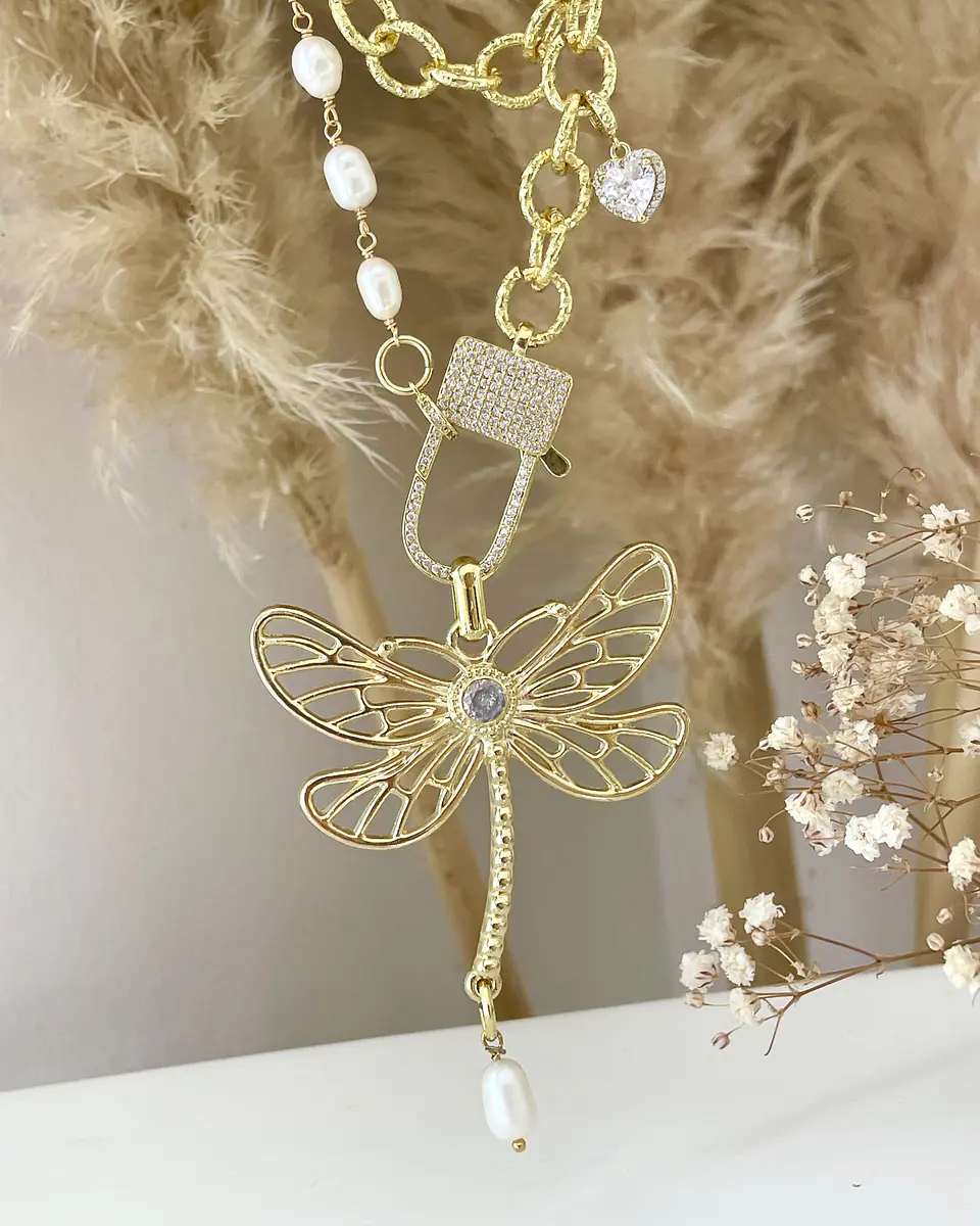 Collar XL Libélula eslabones mixtos perlas y gold 9