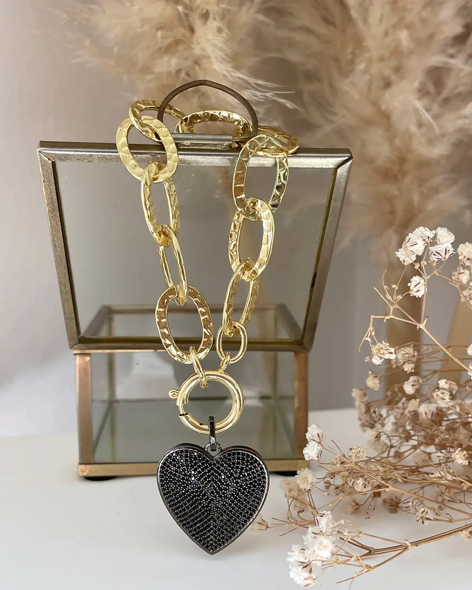 Pulsera Maxi eslabones Martillados Corazon Black full circones  2
