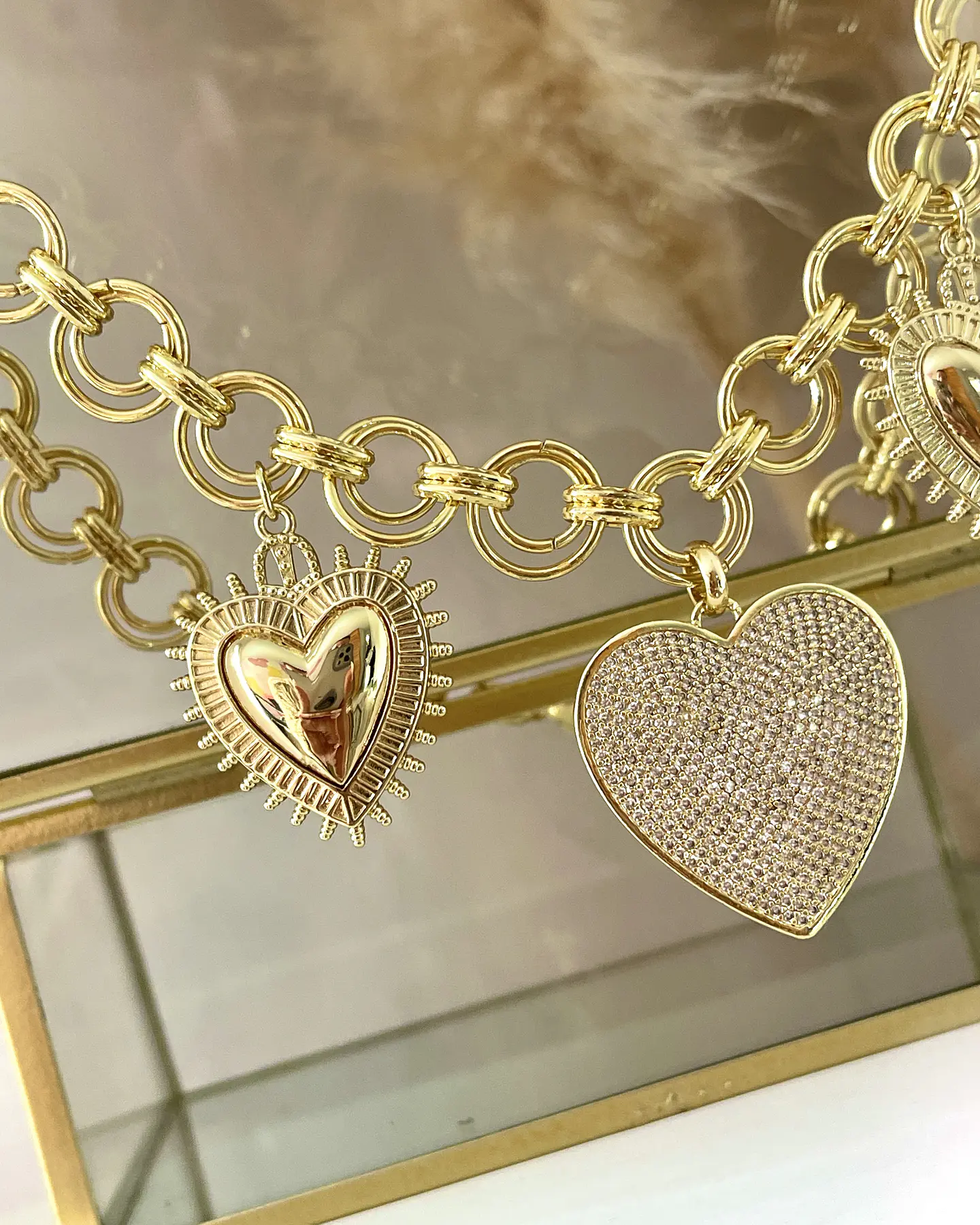 Collar Trío de Corazones Eslabones dobles Gold 2
