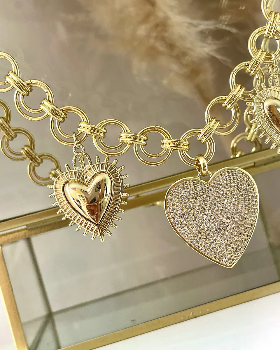 Collar Trío de Corazones Eslabones dobles Gold 2