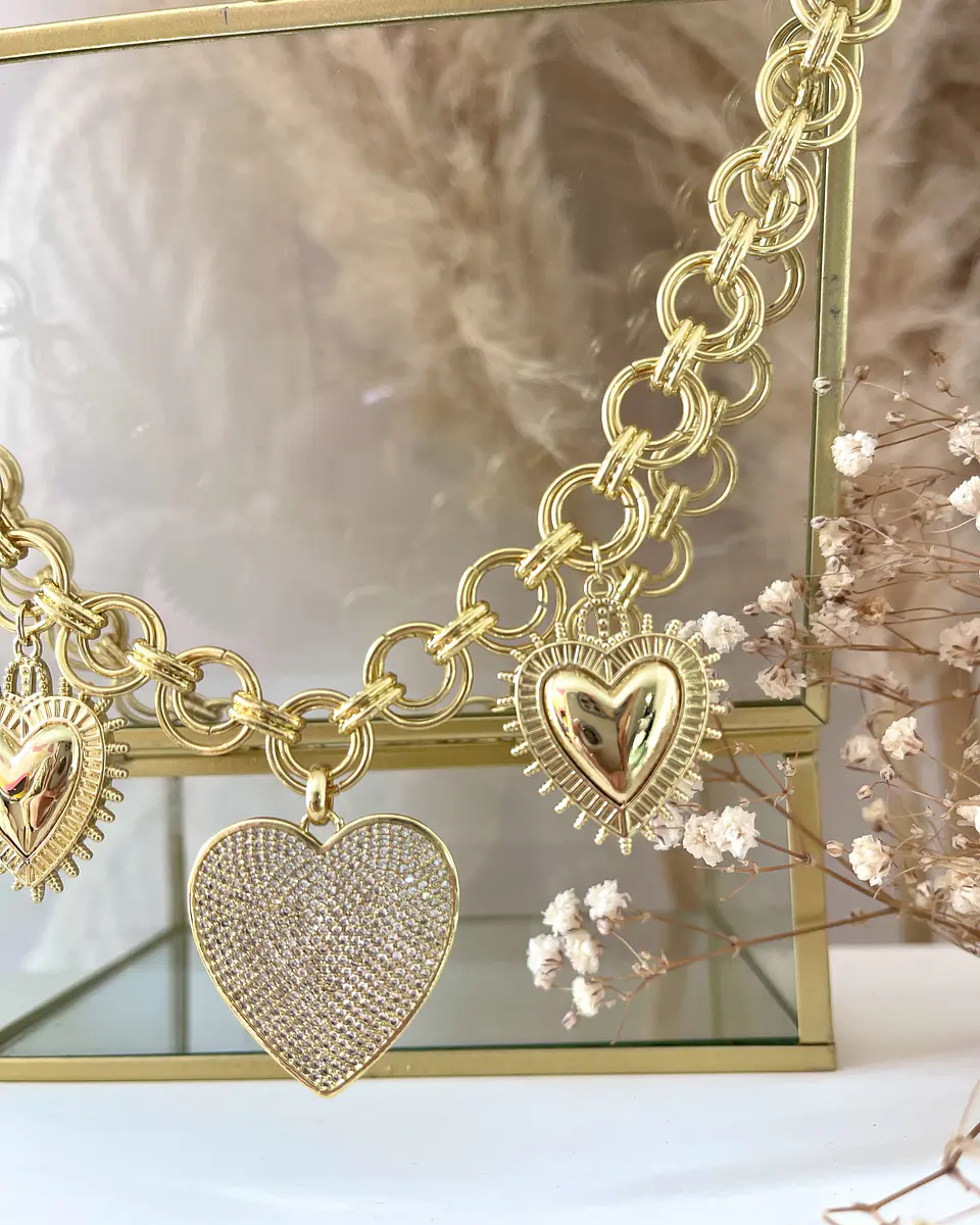 Collar Trío de Corazones Eslabones dobles Gold 8