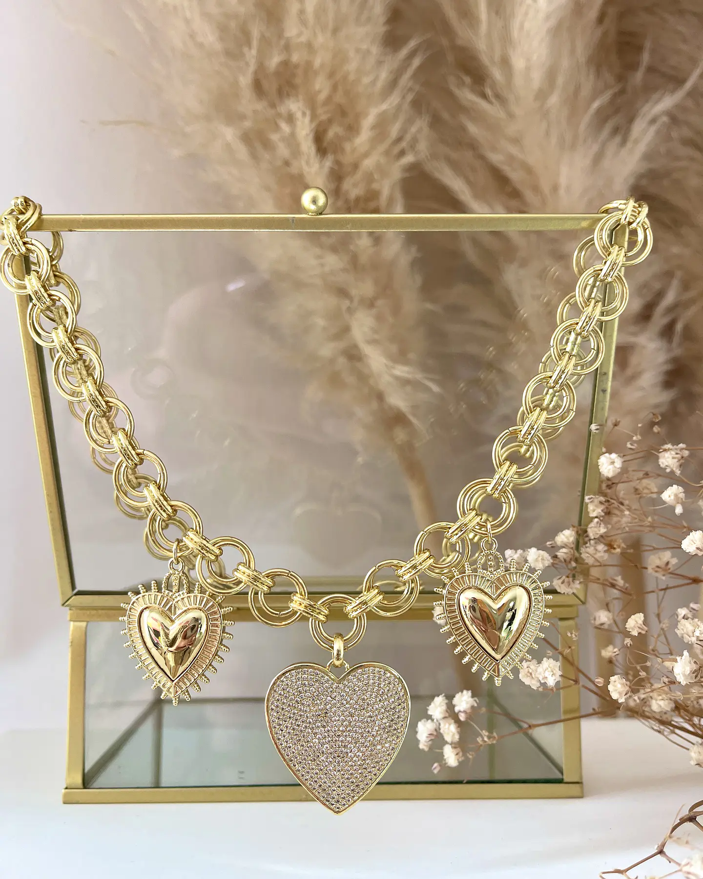 Collar Trío de Corazones Eslabones dobles Gold 13