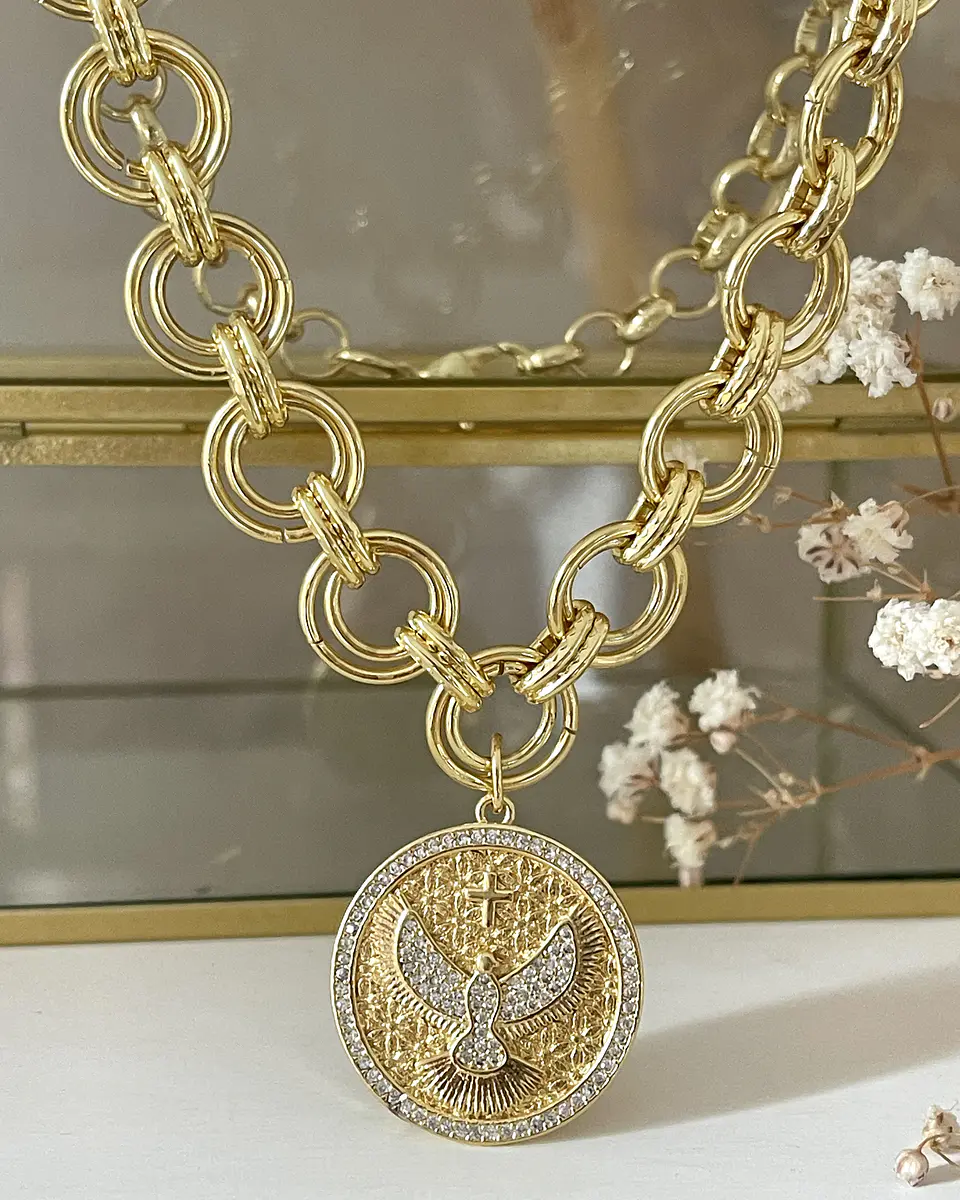 Collar Maxi Medalla Espíritu  Santo maxi eslabones dobles gold 5