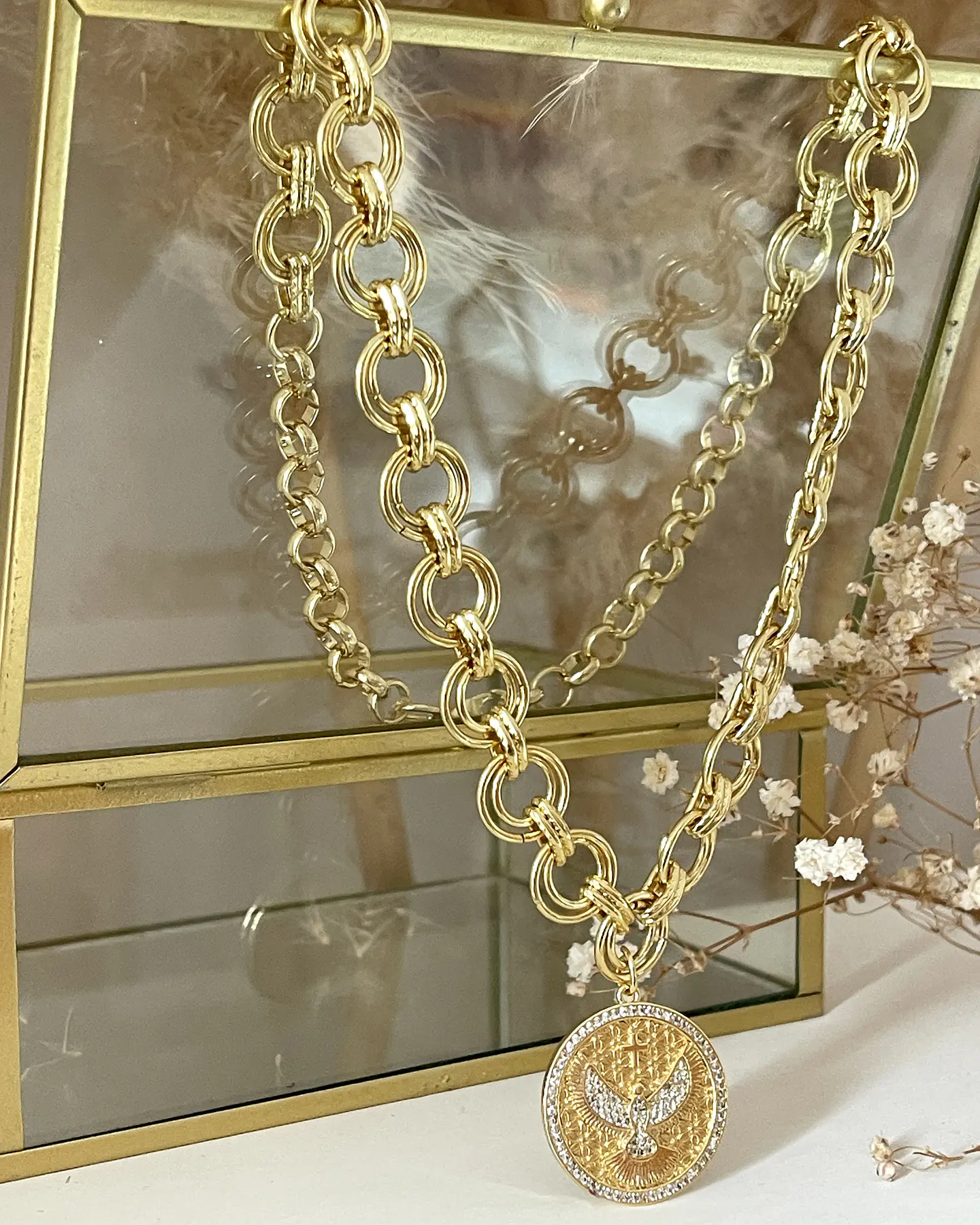 Collar Maxi Medalla Espíritu  Santo maxi eslabones dobles gold 6