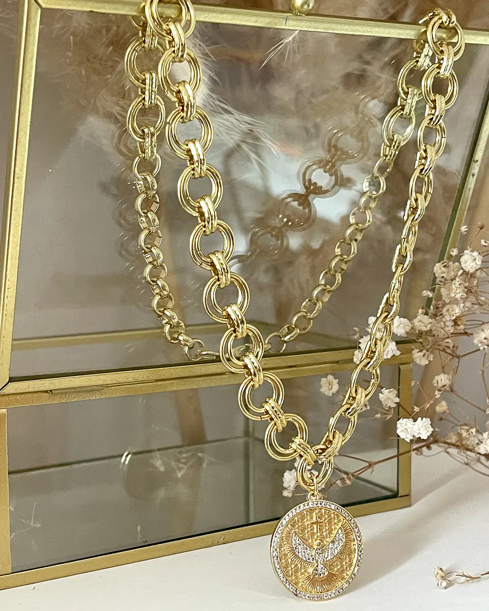 Collar Maxi Medalla Espíritu  Santo maxi eslabones dobles gold 6
