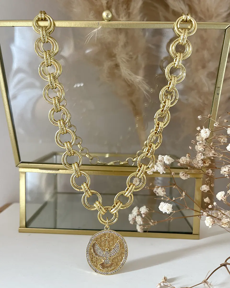 Collar Maxi Medalla Espíritu  Santo maxi eslabones dobles gold 7