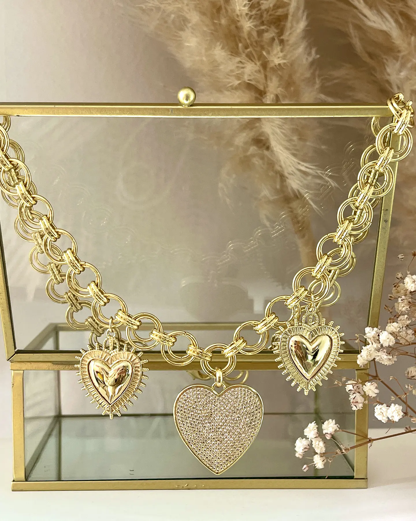 Collar Trío de Corazones Eslabones dobles Gold 2