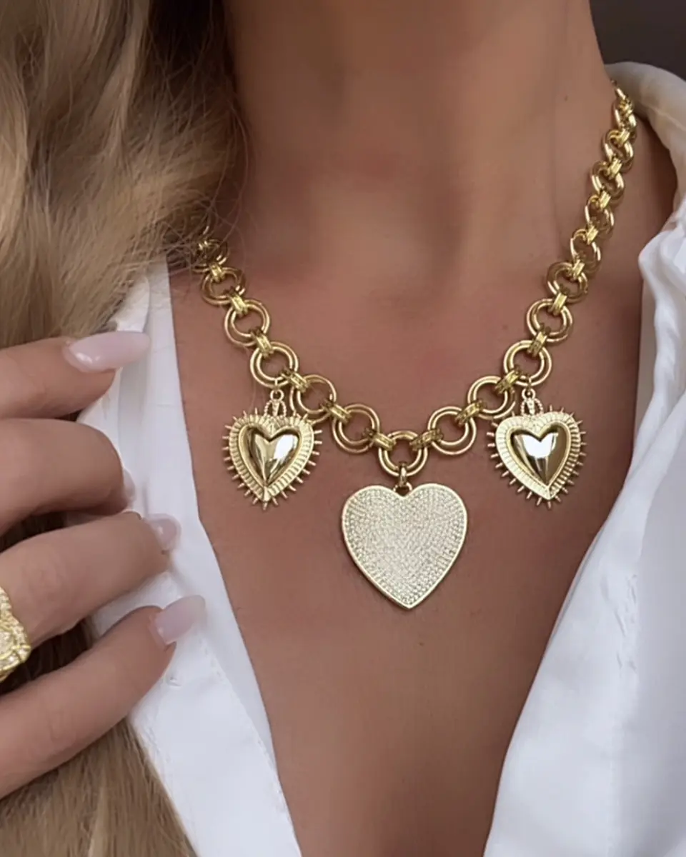 Collar Trío de Corazones Eslabones dobles Gold 1