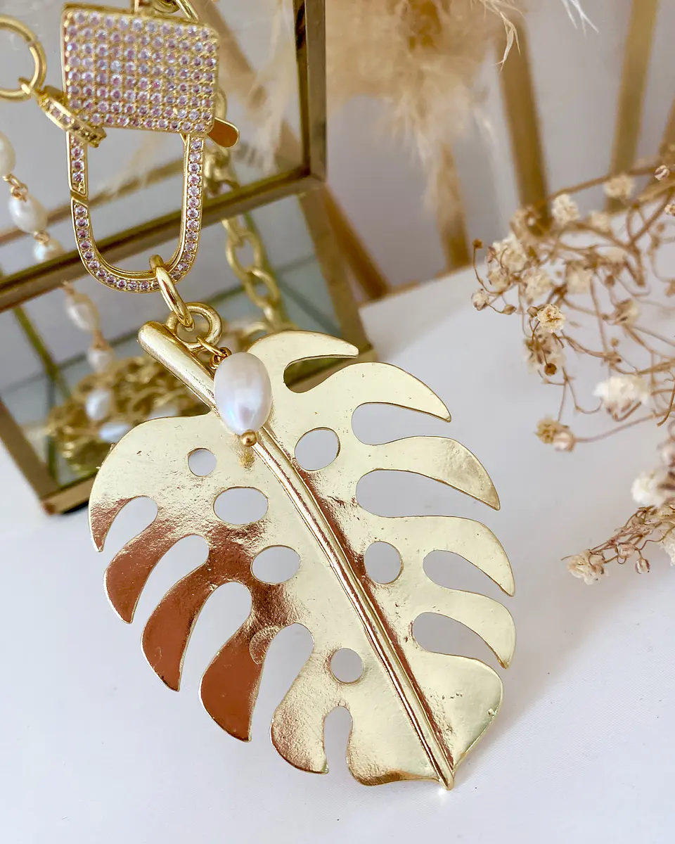 Collar XL Maxi Hoja eslabones mixtos Perlas rio y gold- COPIAR 3