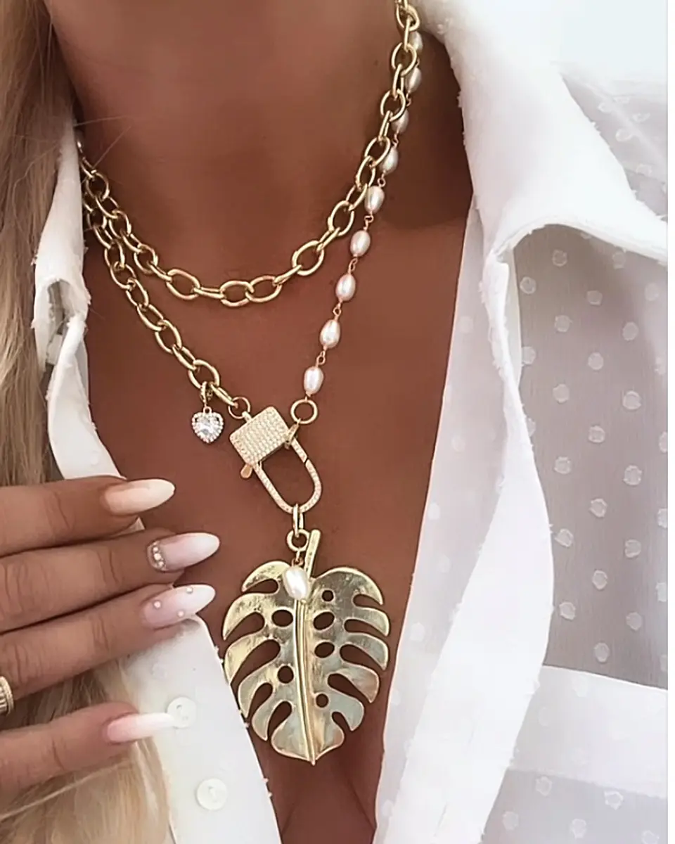 Collar XL Maxi Hoja eslabones mixtos Perlas rio y gold- COPIAR 1