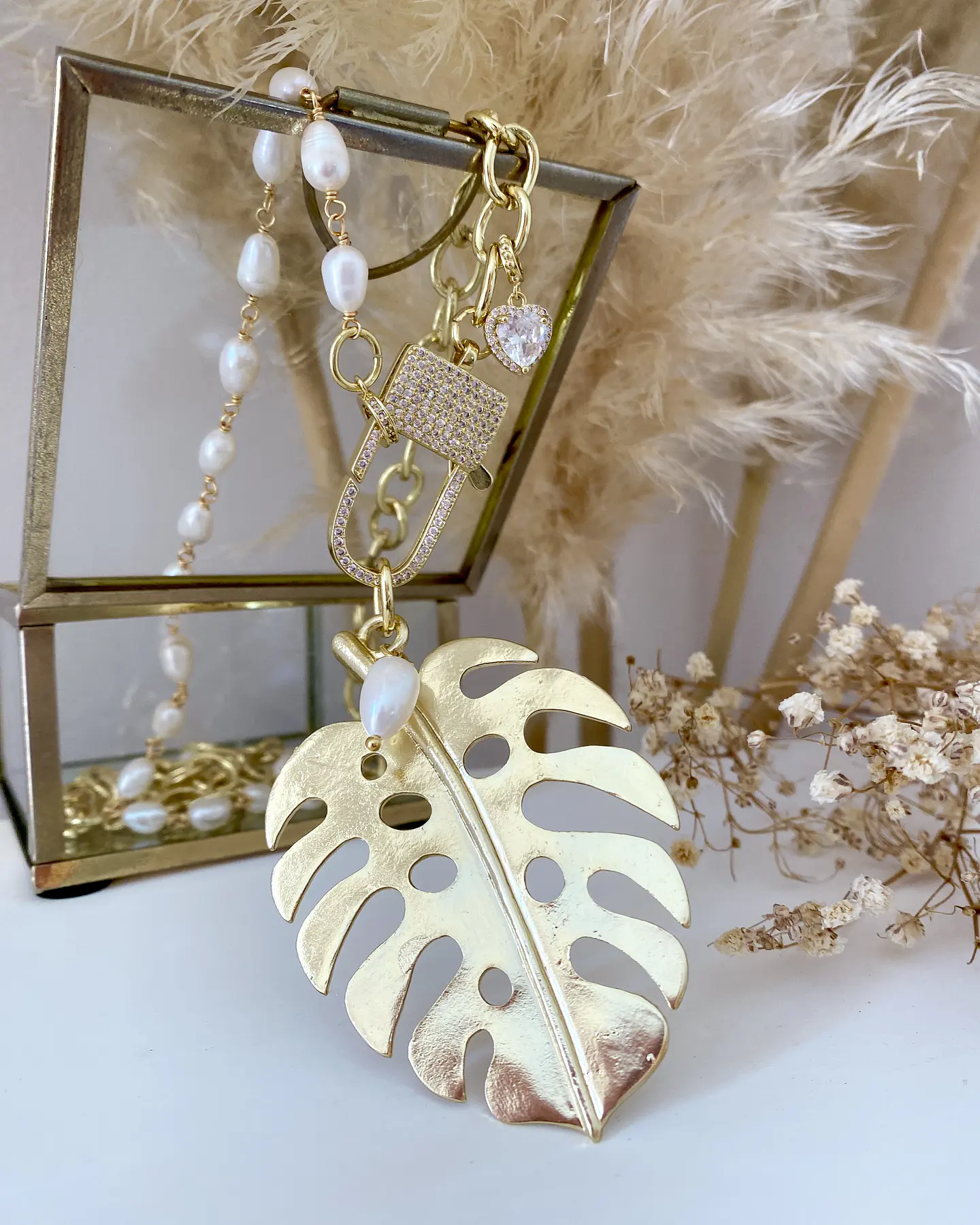 Collar XL Maxi Hoja eslabones mixtos Perlas rio y gold- COPIAR 4