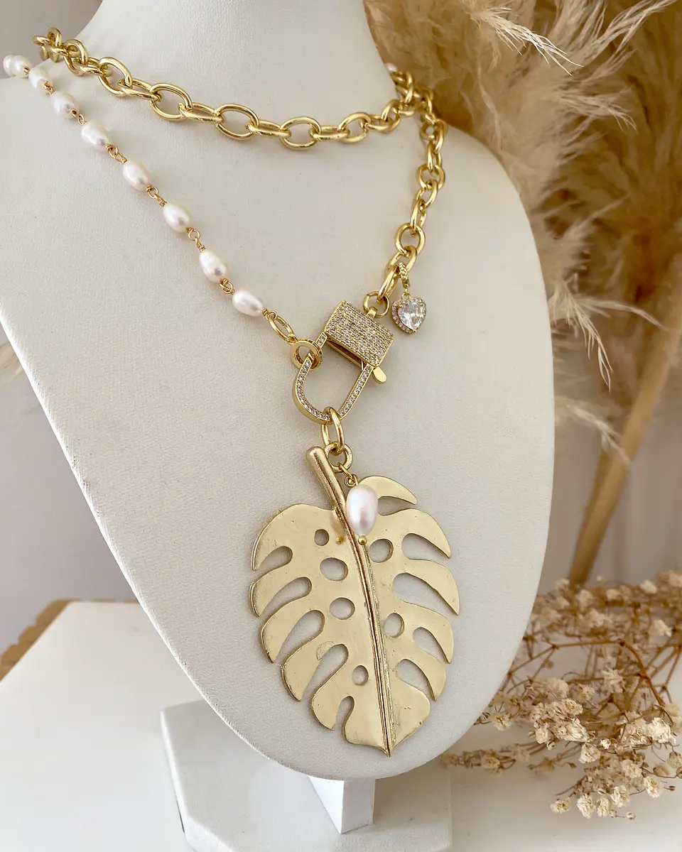 Collar XL Maxi Hoja eslabones mixtos Perlas rio y gold- COPIAR 5