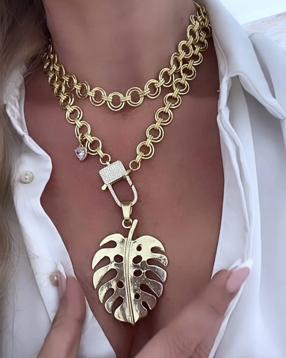 Collar XL Maxi Hoja eslabones mixtos gold 3