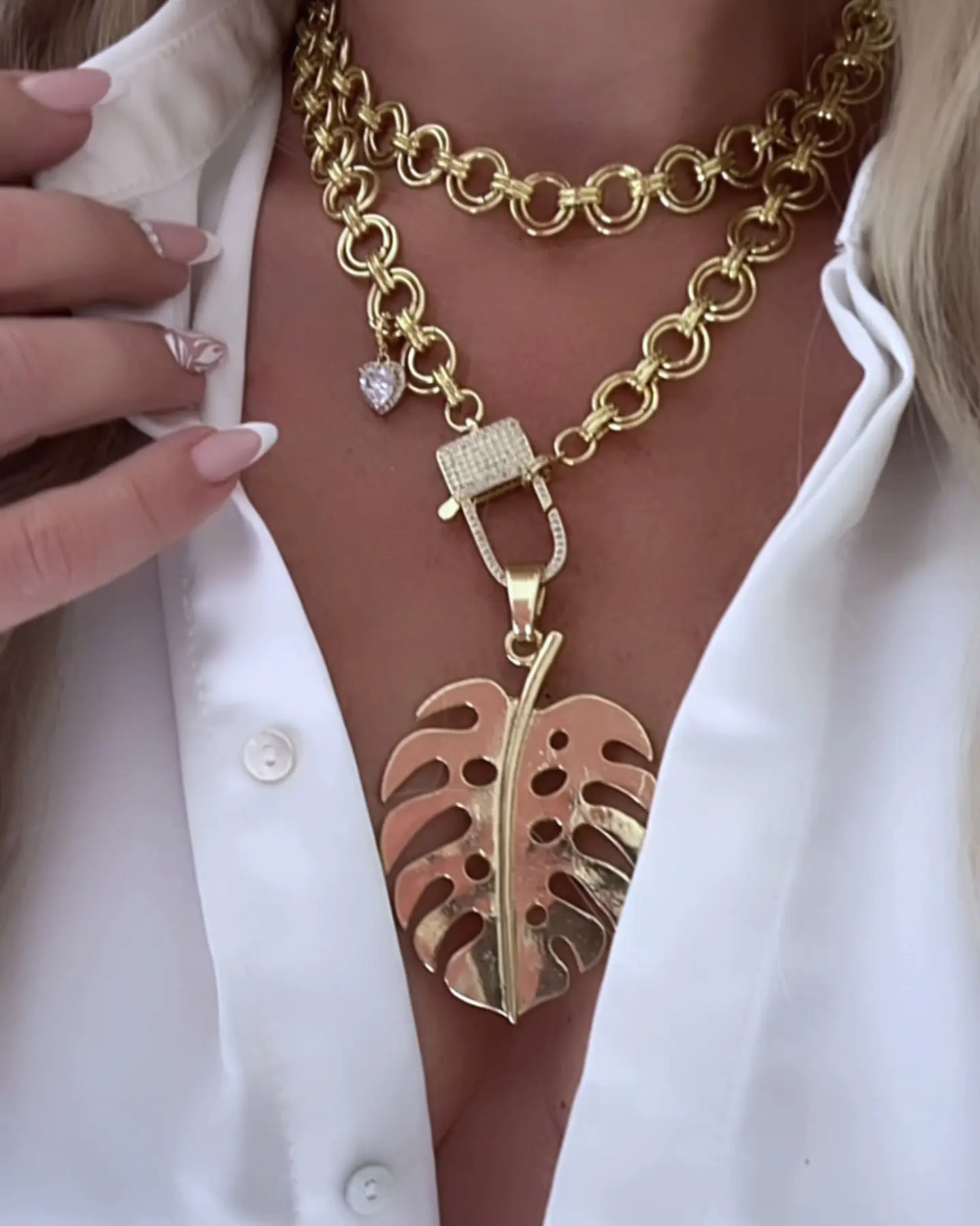 Collar XL Maxi Hoja eslabones mixtos gold 1