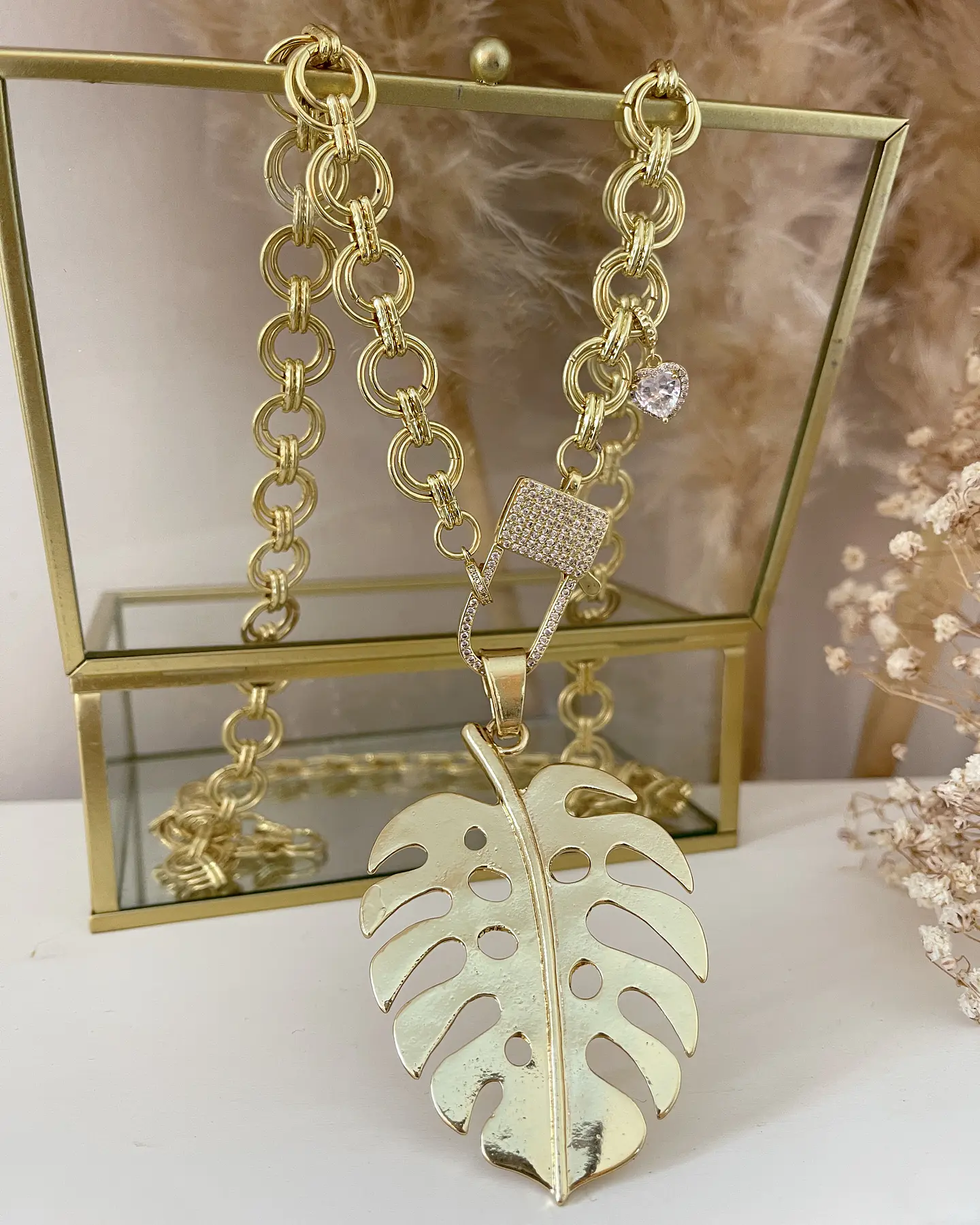 Collar XL Maxi Hoja eslabones mixtos gold 4