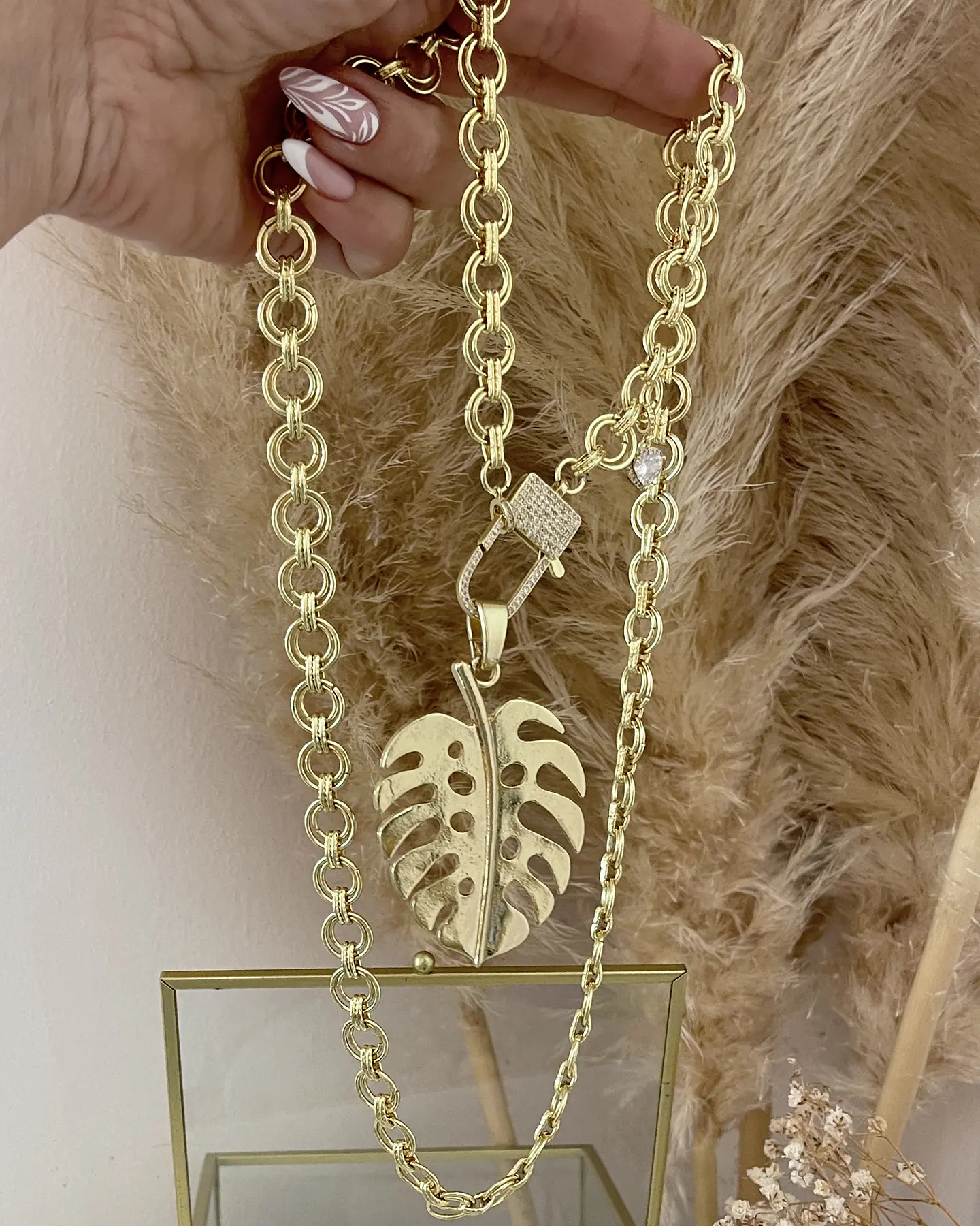 Collar XL Maxi Hoja eslabones mixtos gold 7