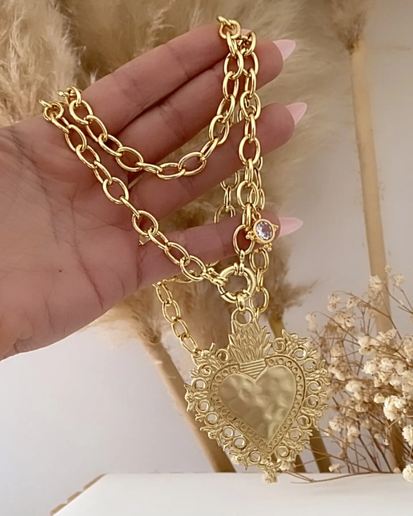 Collar XL Maxi Corazon Barroco Punto luz Gold 6