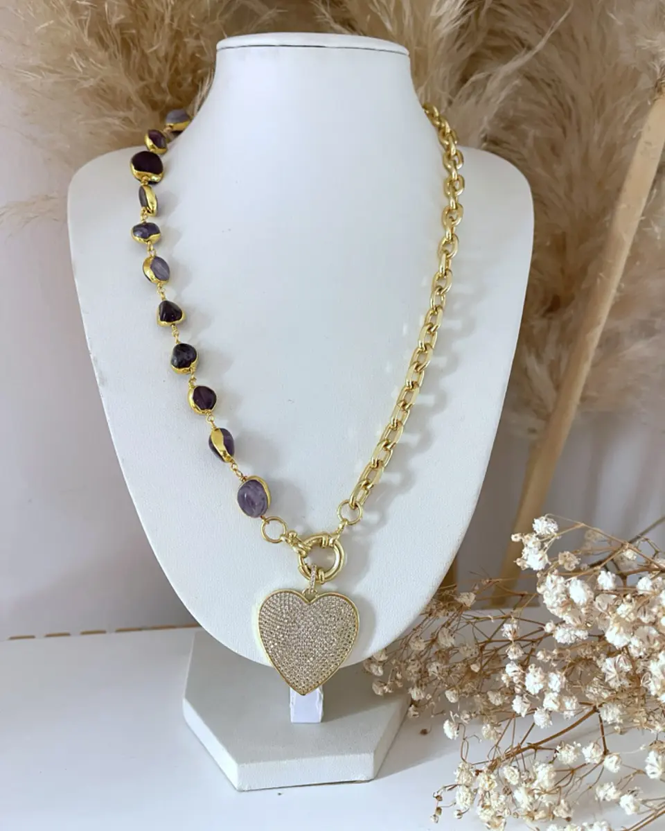 Collar Amatistas Corazón Circones Gold 2