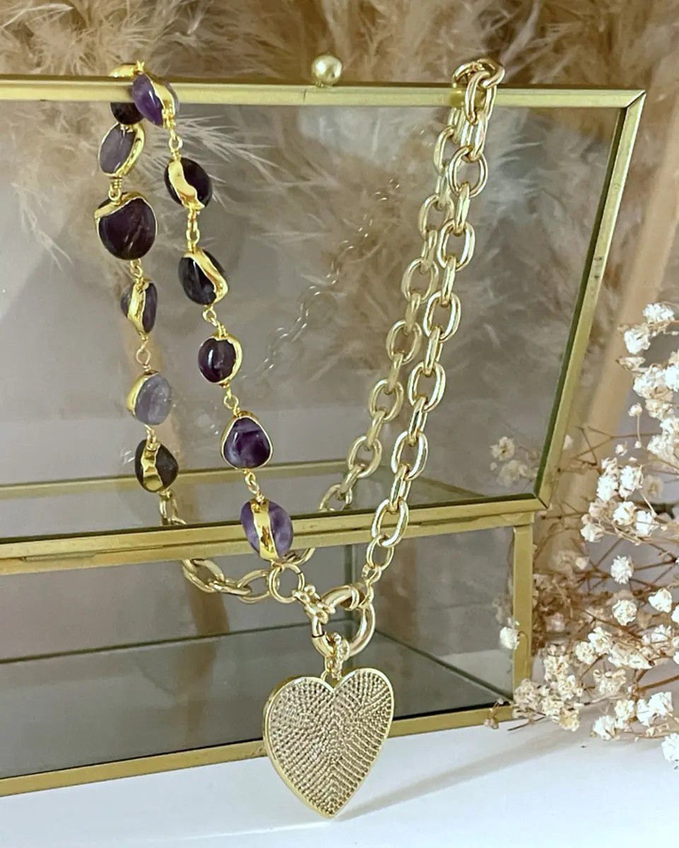 Collar Amatistas Corazón Circones Gold 4
