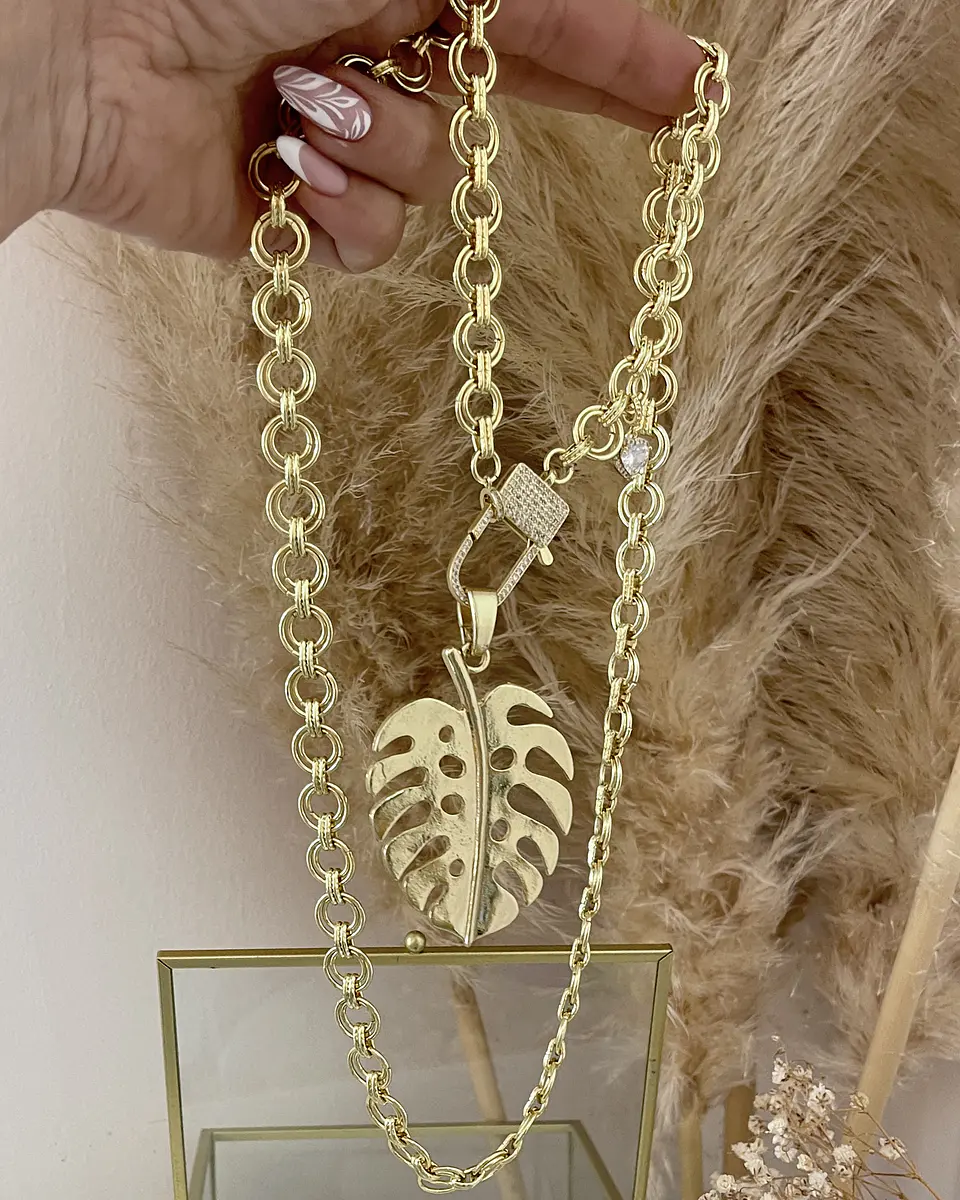 Collar XL Maxi Hoja eslabones mixtos gold 7
