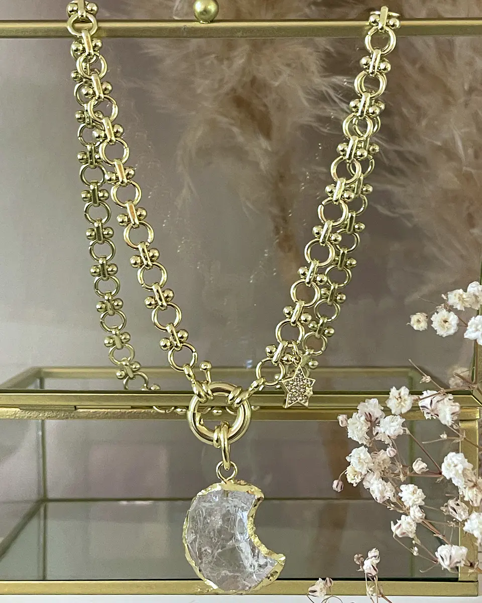 Collar Luna Cuarzo Punto luz eslabones mixtos Gold  2