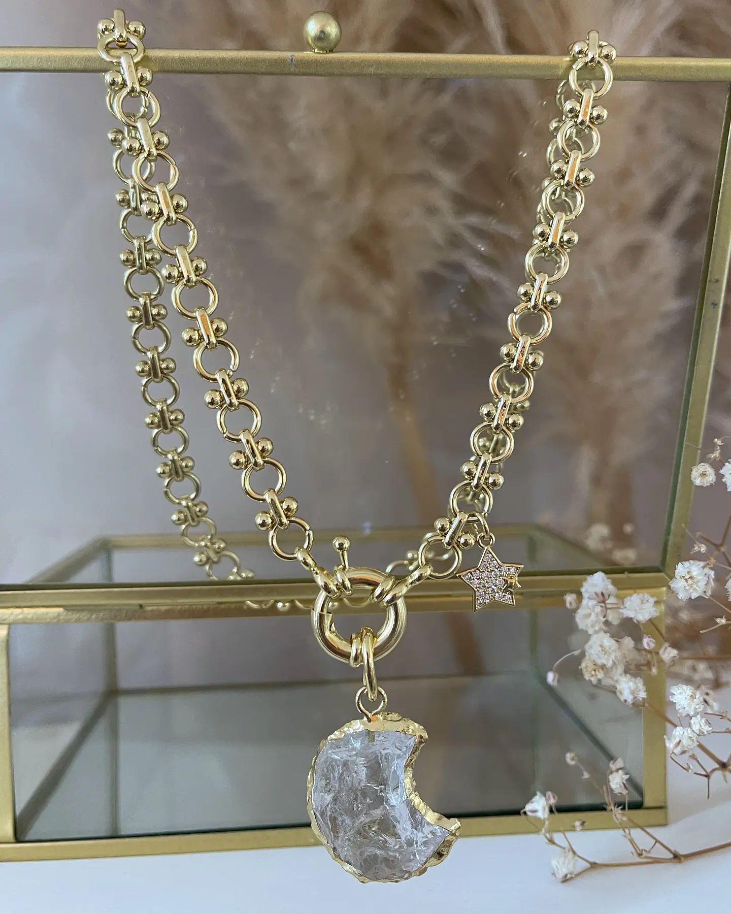 Collar Luna Cuarzo Punto luz eslabones mixtos Gold 1