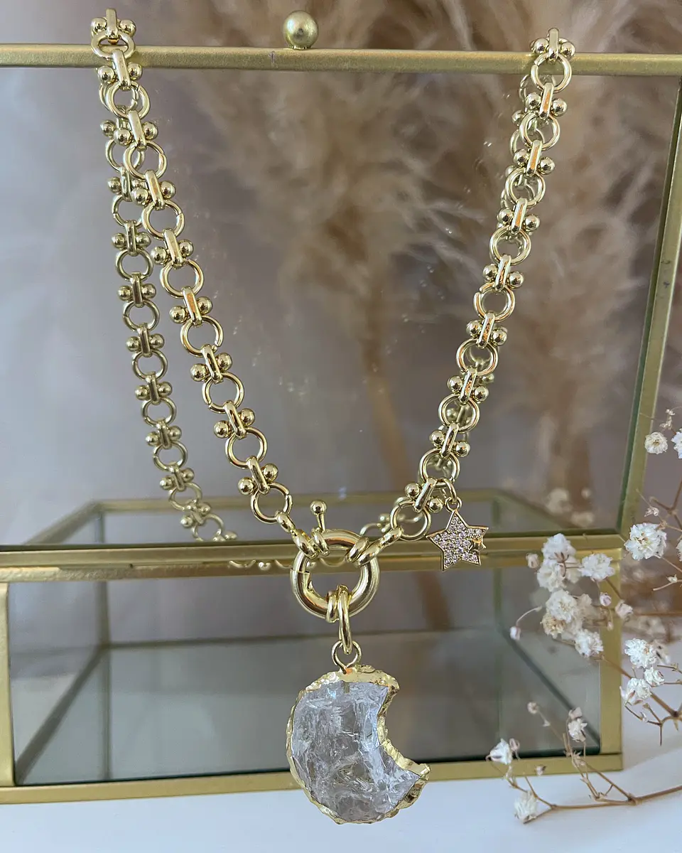 Collar Luna Cuarzo Punto luz eslabones mixtos Gold 1