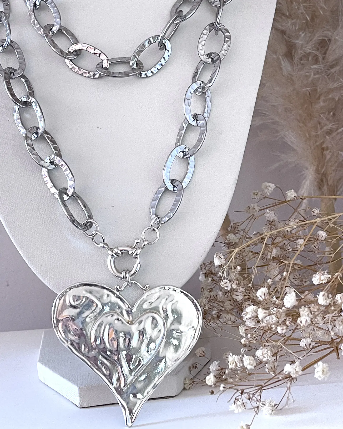 Collar XL Maxi Corazon Eslabones Martillados Sliver 2