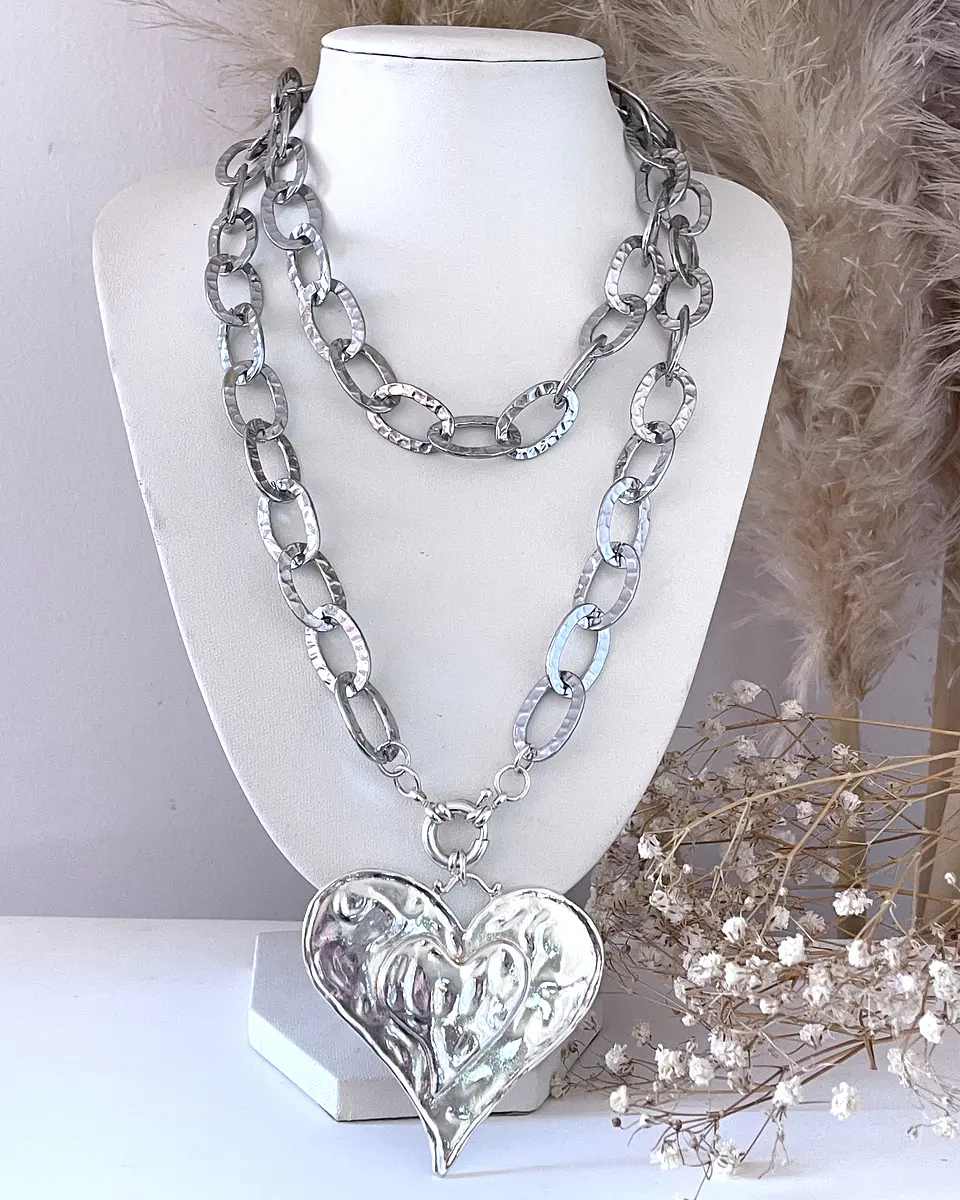 Collar XL Maxi Corazon Eslabones Martillados Sliver 3