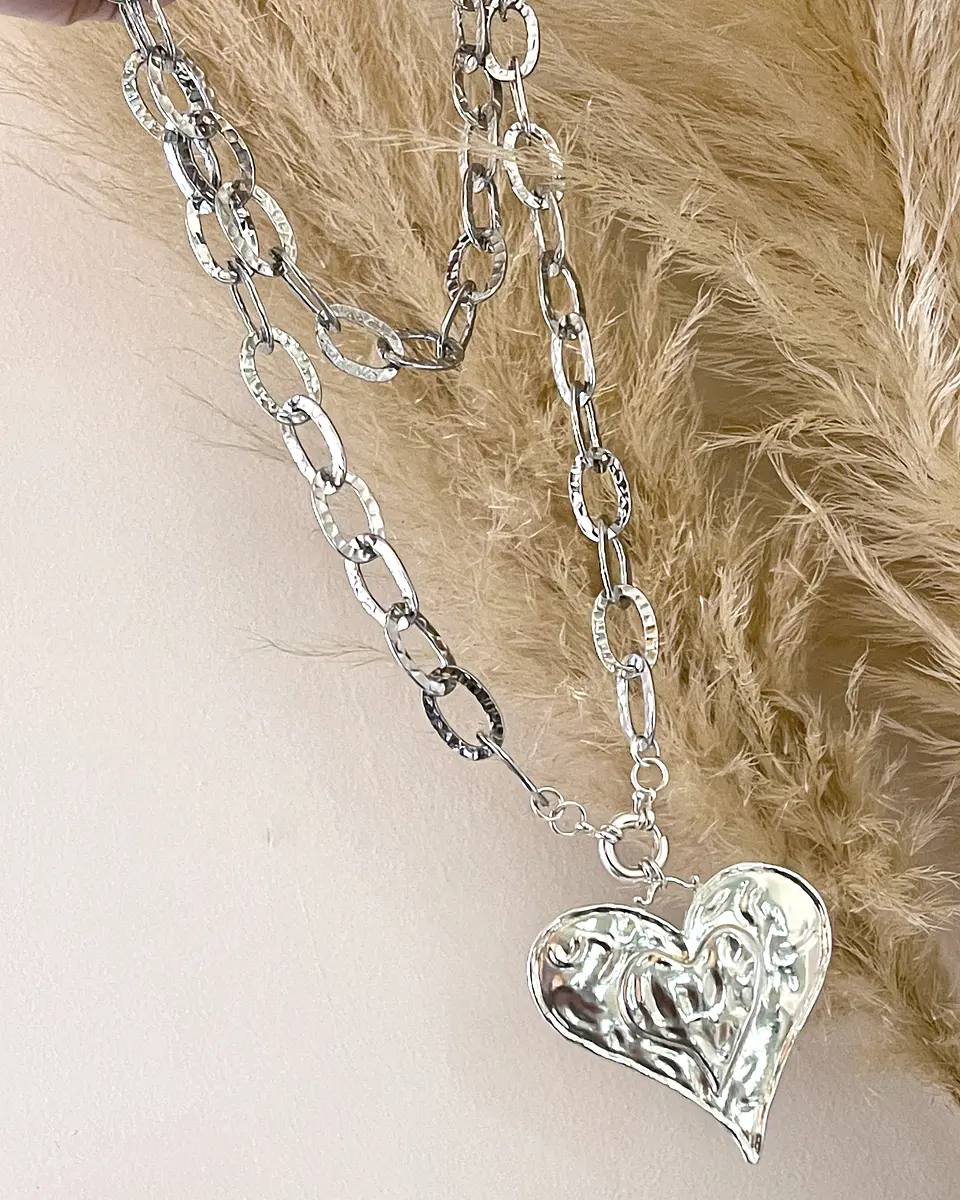 Collar XL Maxi Corazon Eslabones Martillados Sliver 6