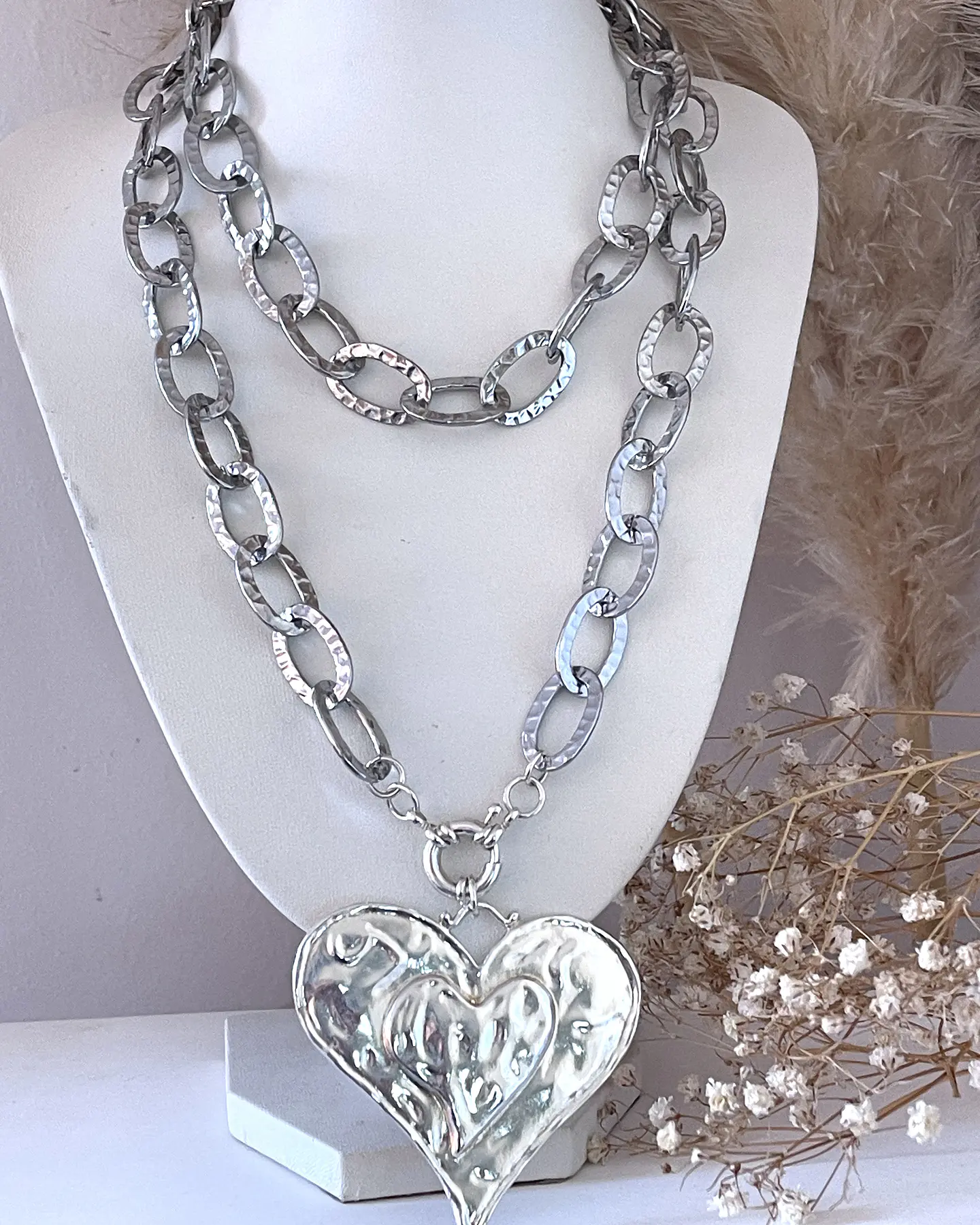 Collar XL Maxi Corazon Eslabones Martillados Sliver 4