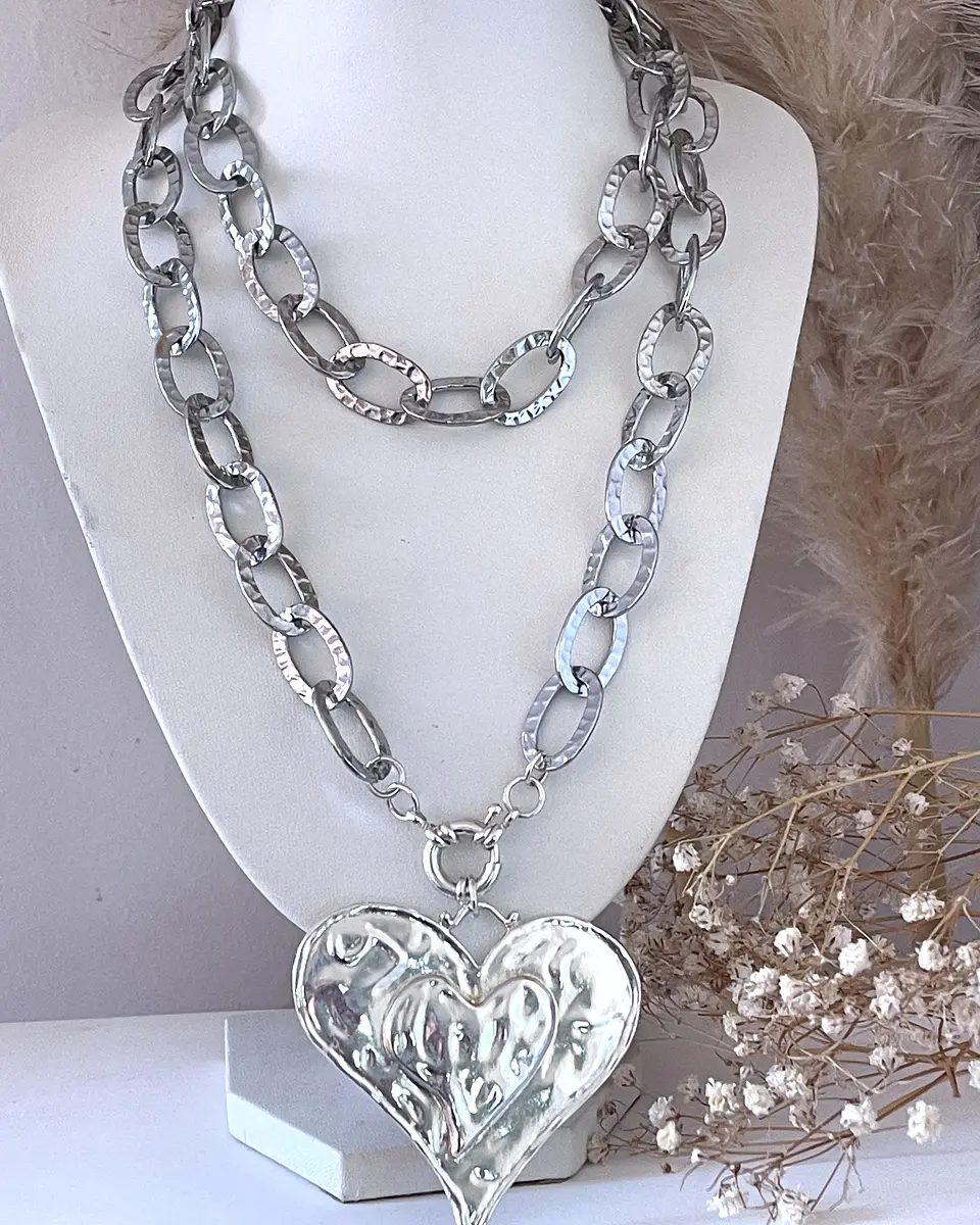 Collar XL Maxi Corazon Eslabones Martillados Sliver 4