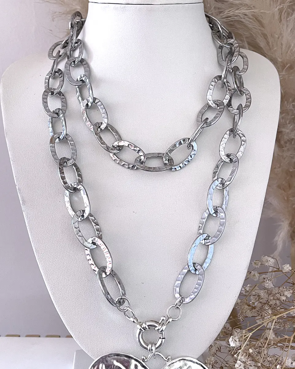 Collar XL Maxi Corazon Eslabones Martillados Sliver 5