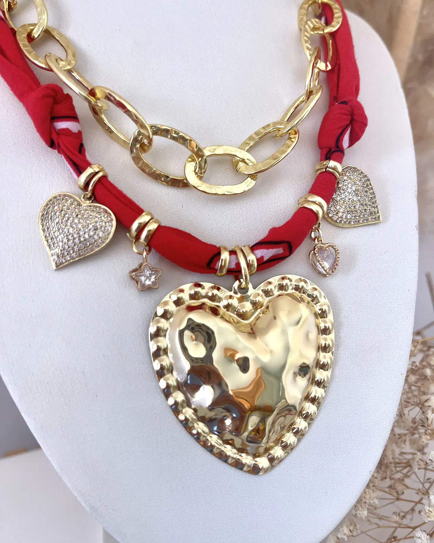 Pack de Collares Bandana Roja Multidije +Cadena Martillada Gold 6