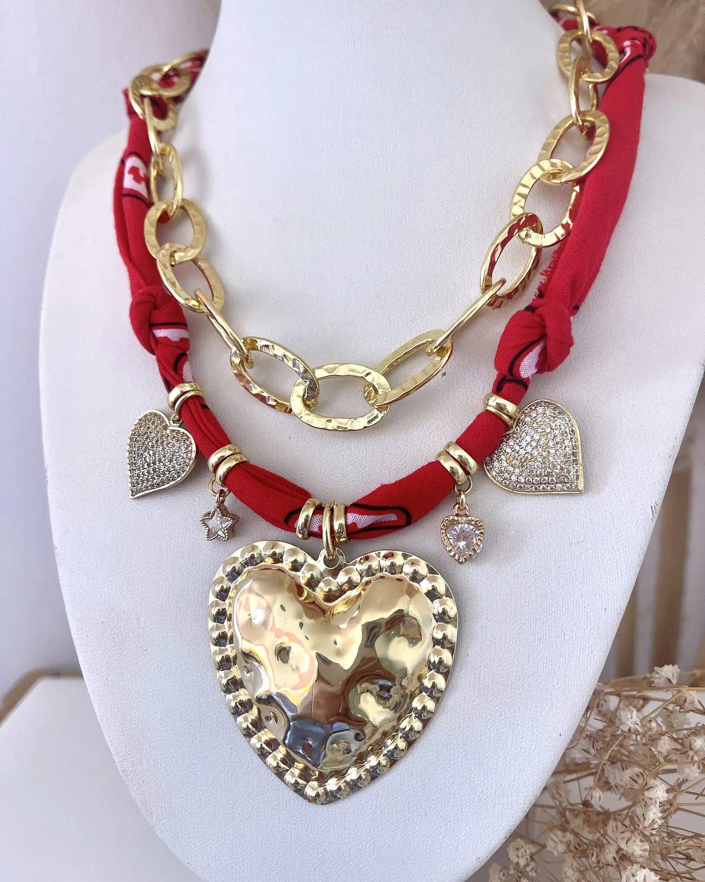 Pack de Collares Bandana Roja Multidije +Cadena Martillada Gold 4