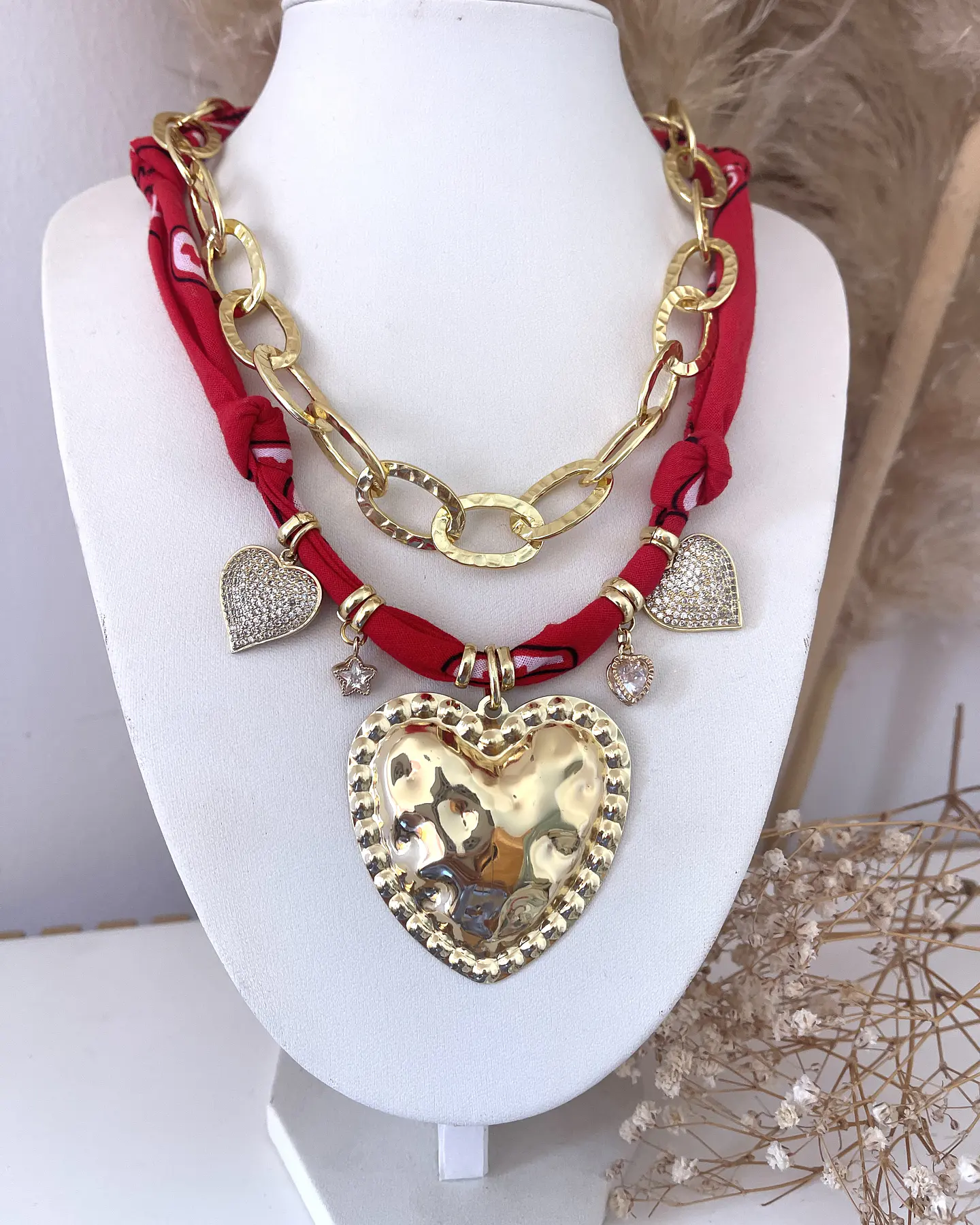 Pack de Collares Bandana Roja Multidije +Cadena Martillada Gold 7