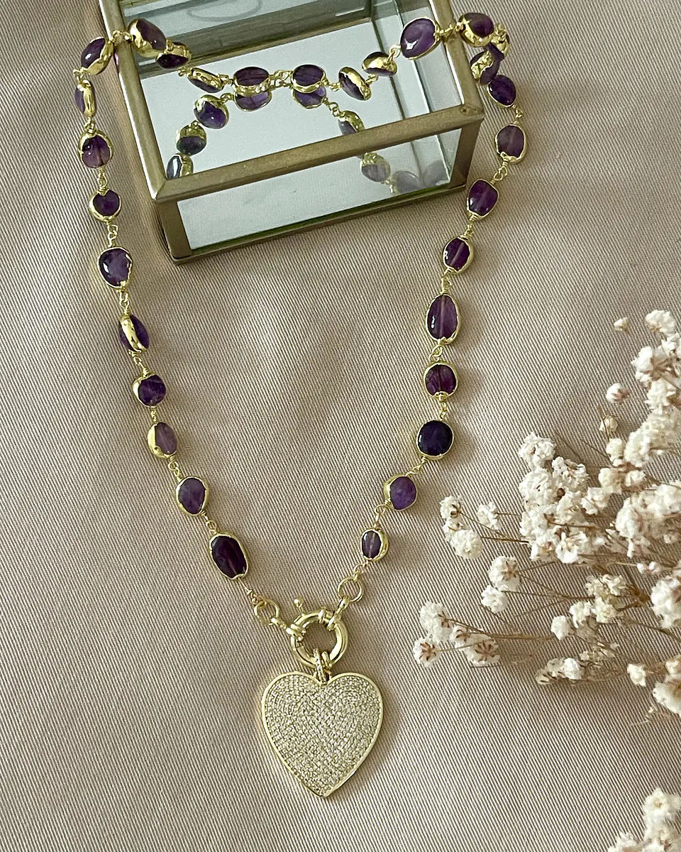 Collar Amatistas Pulidas Corazón Circones Gold 1